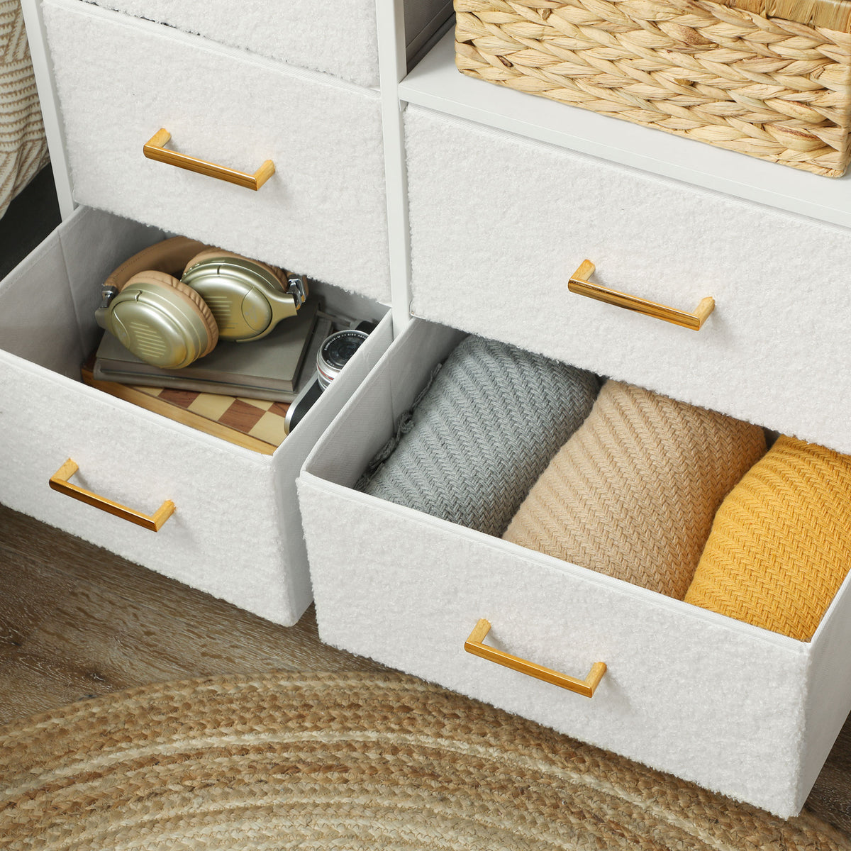 Boucle Chest of Drawers 8 Fabric Drawers with Charging Station 2 USB 2 AC Ports - Cream White