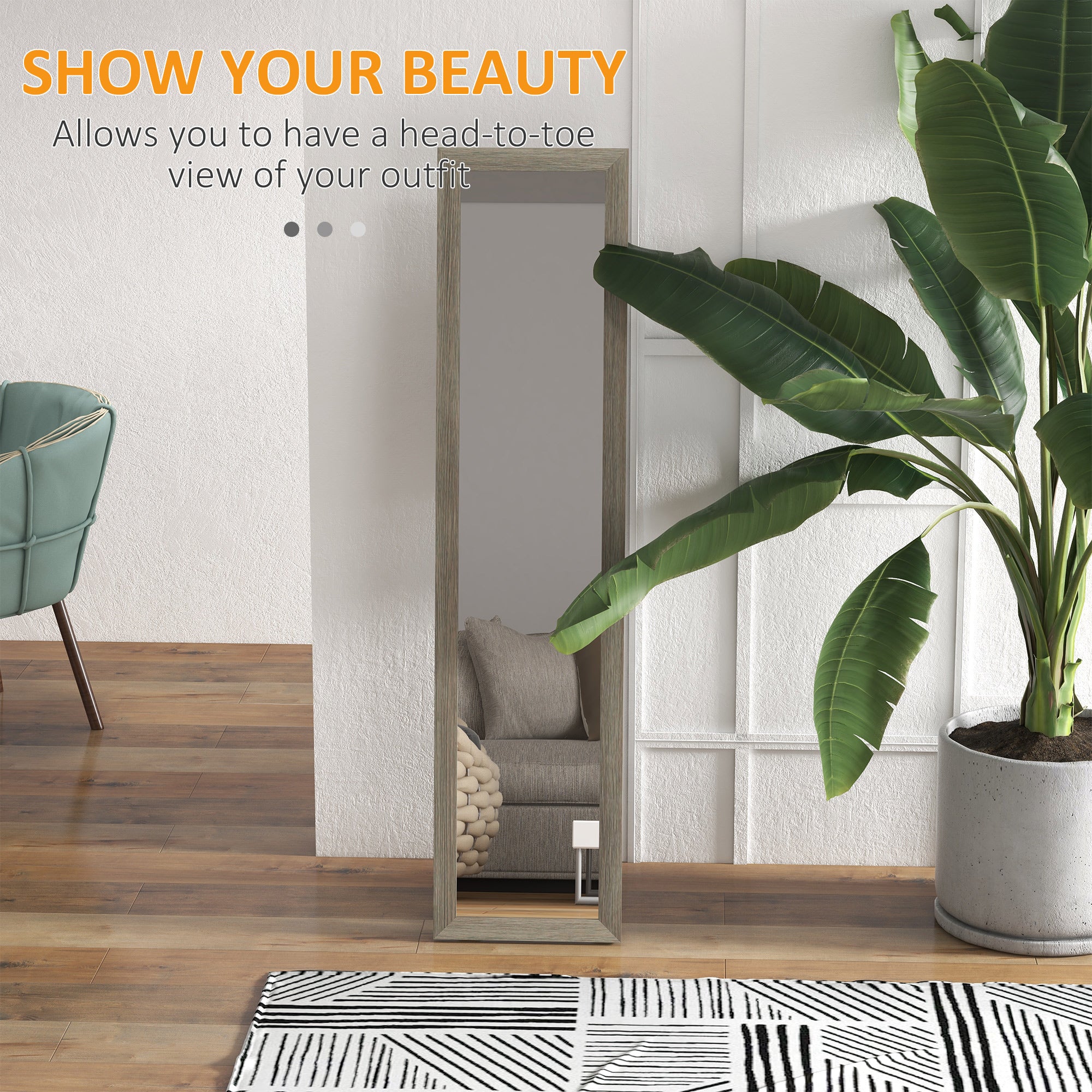Full Length Mirror, 37 x 157 cm, Hanging or Freestanding, Rectangular Full Body Mirror for Living Room, Bedroom, Grey