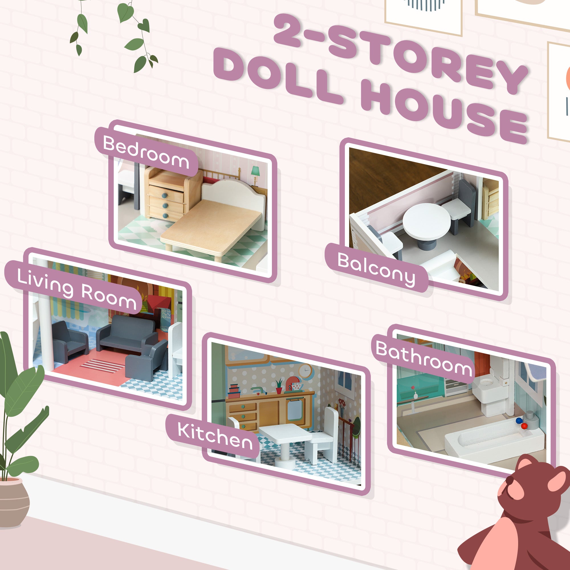 2 Storey Dolls House with 13 Pieces Furniture, Play Set with Balcony, Gift for 3-6 Years Old