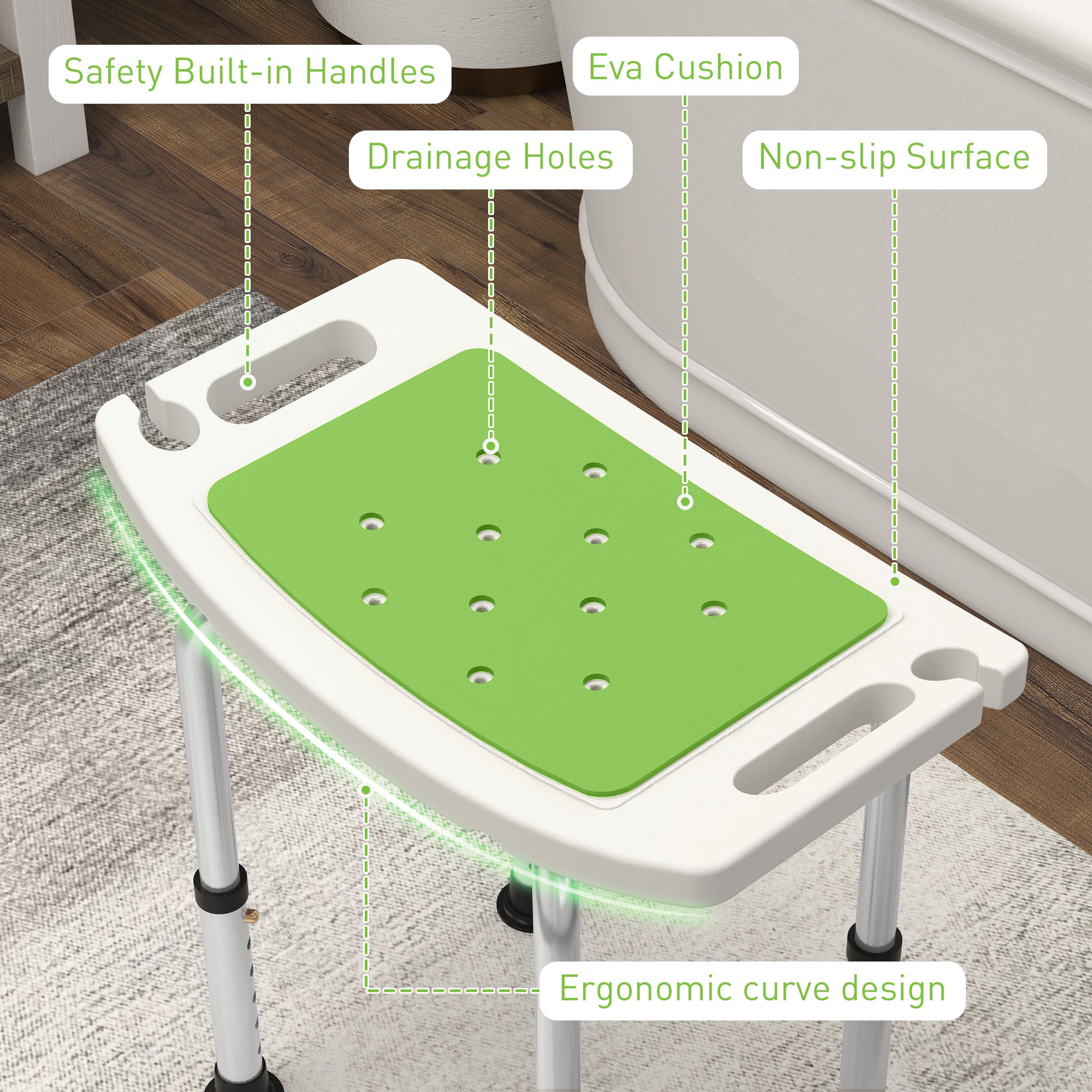 6-Level Height Adjustable Aluminium Bath Room Stool Chair Shower Non-Slip Design w/ Padded Seat Drainage Holes Foot Pad, Green