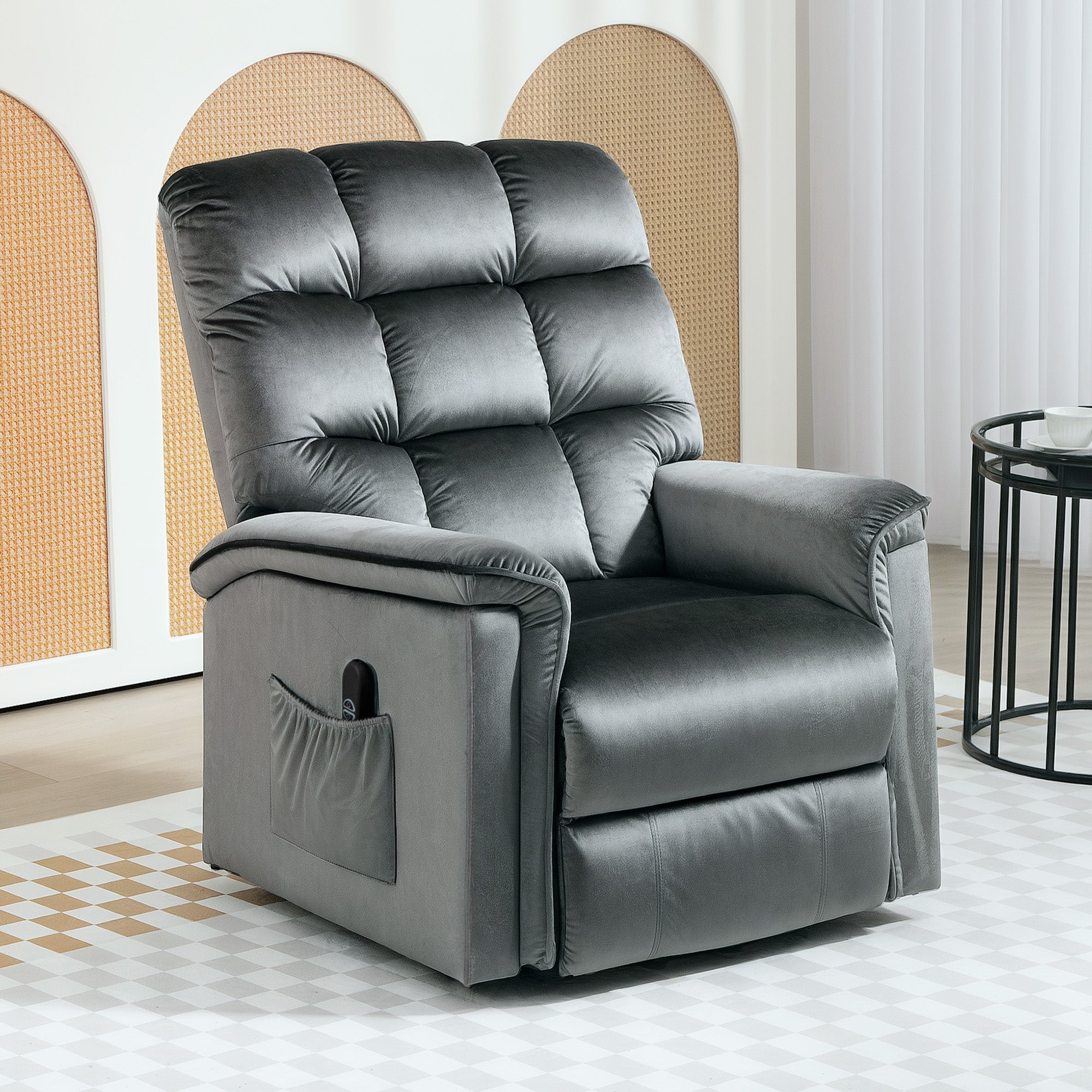 Velvet-Feel Electric Lift Recliner Chair - Dark Grey