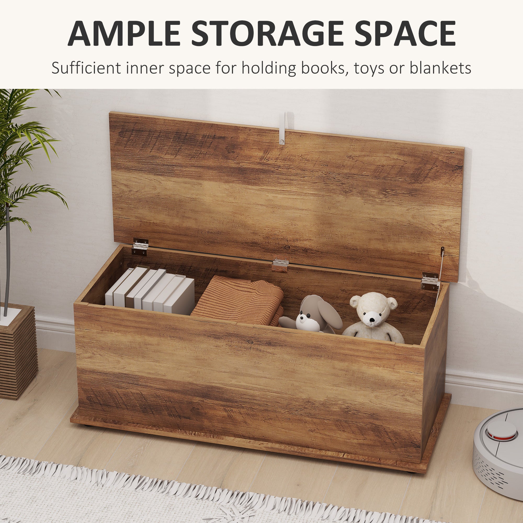 113L Storage Chest with Flip-Top Lid and Safety Hinges, Storage Trunk for Living Room and Entryway - Brown Wood Grain