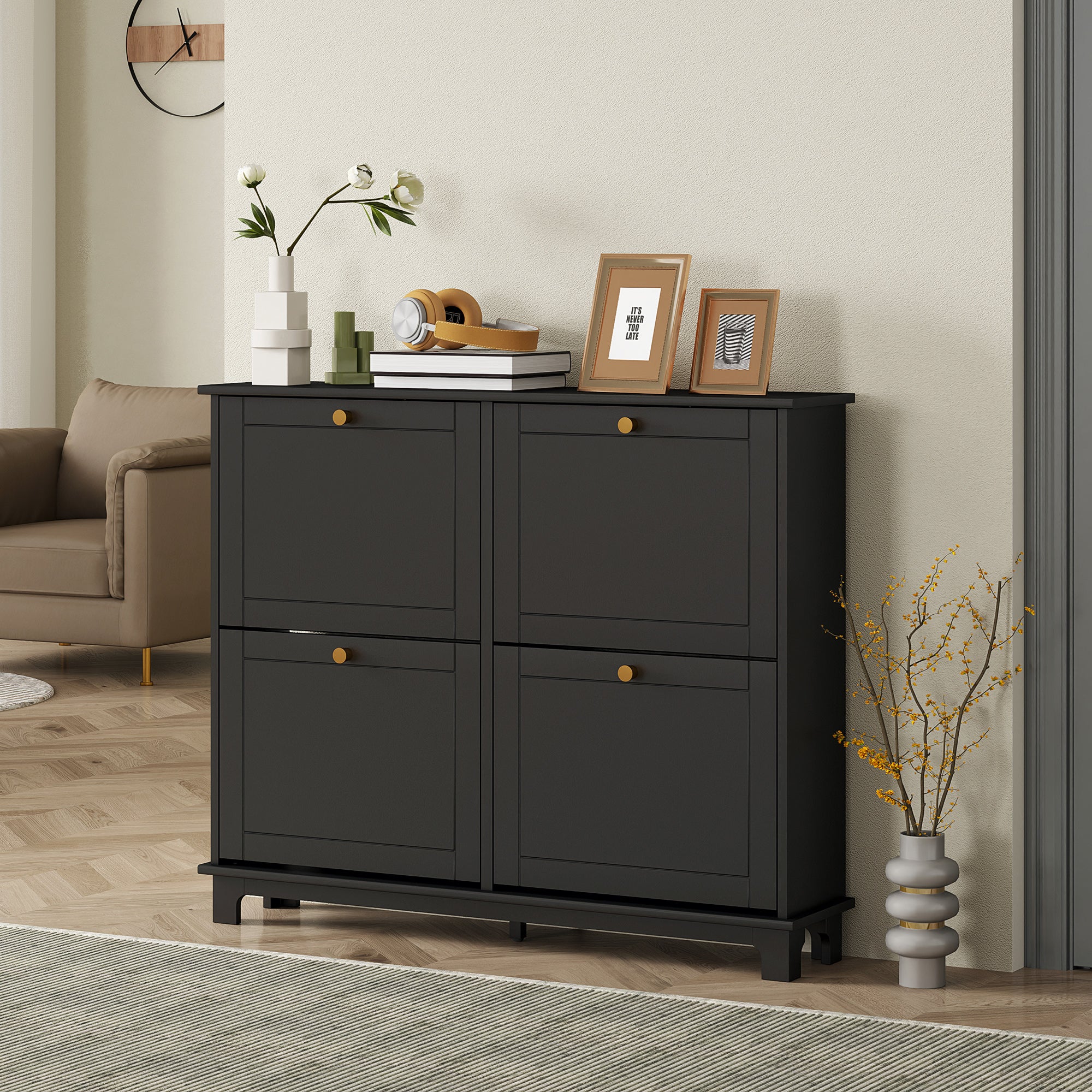 Narrow Shoe Storage Cabinet, Slim Shoe Cabinet with 4 Flip Drawers, Adjustable Shelves for 16 Pairs of Shoes, Black