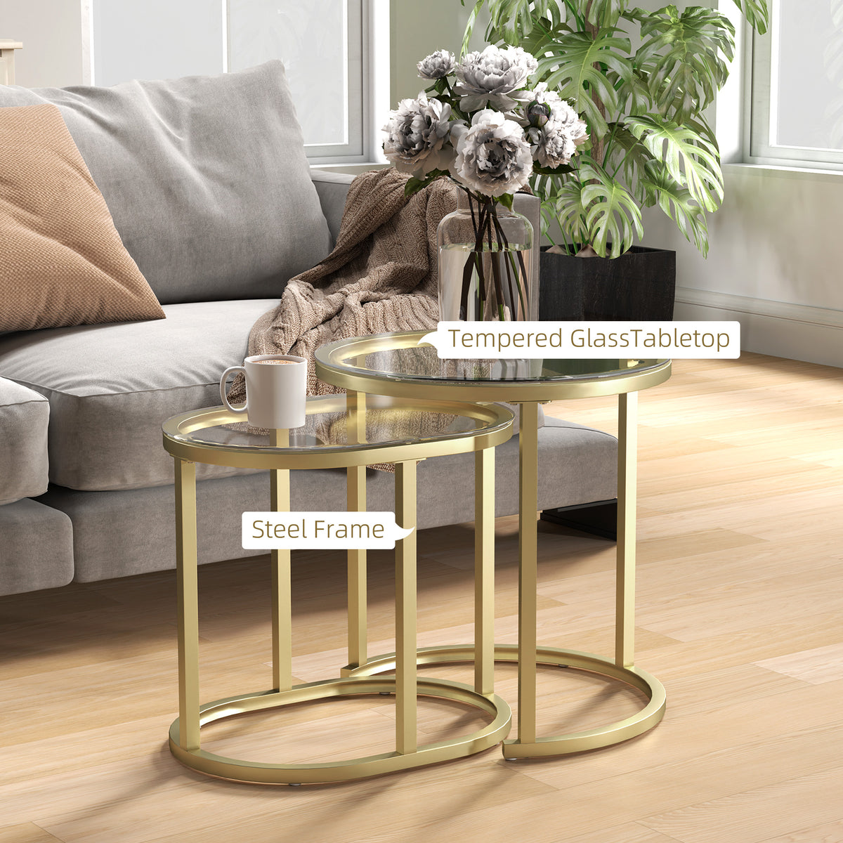 Modern Coffee Table Set of 2 with Steel Frame and Tempered Glass Tabletops - Clear