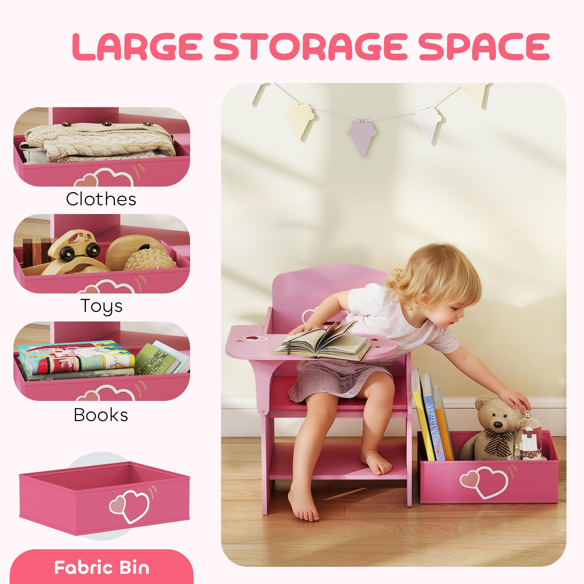Kids Table and Chair Set, Children Desk and Chair with Storage Bins for Playing, Reading, Painting, for Ages 3-5, Pink