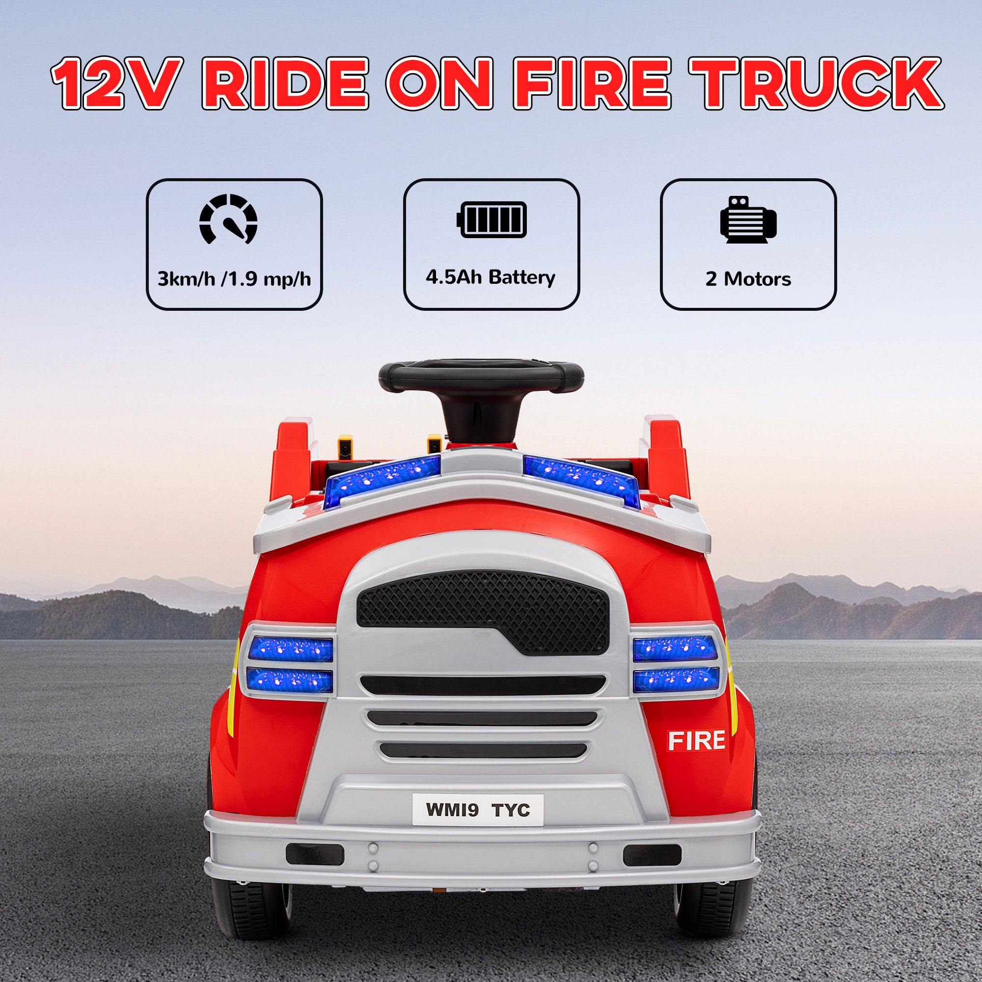 Ride on Fire Truck, 12V Kids Electric Car with Siren and Flashing Lights, Firefighting Tools, Music Horn, Slow Start