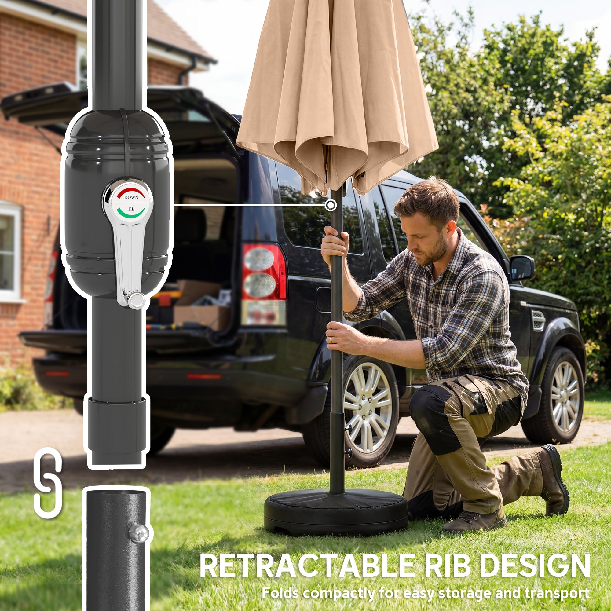 2.7 m Garden Parasol Umbrella with Cross Base and Sandbag, Retractable Ribs, Outdoor Table Market Umbrella, Khaki