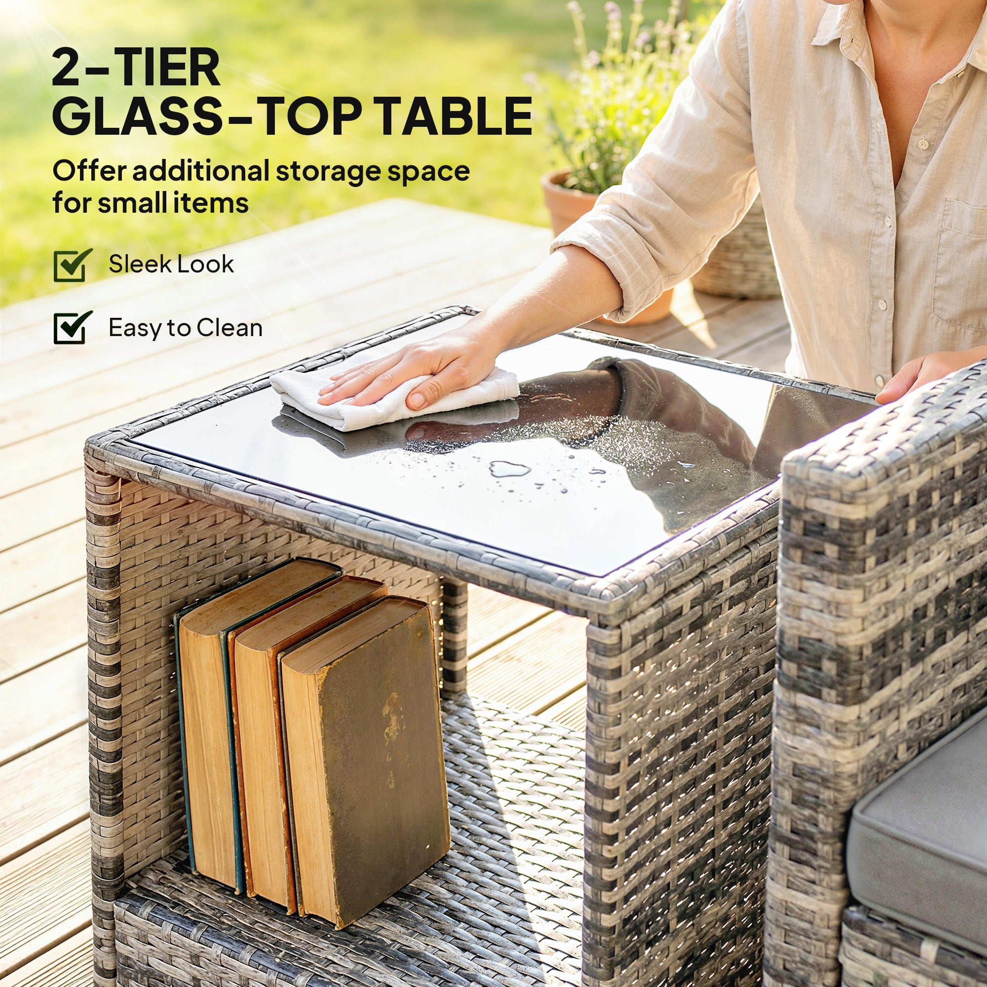 Rattan Bistro Set, 3 Piece Garden Furniture Set with 2 Tier Glass Top Table and Cushions, Mixed Grey