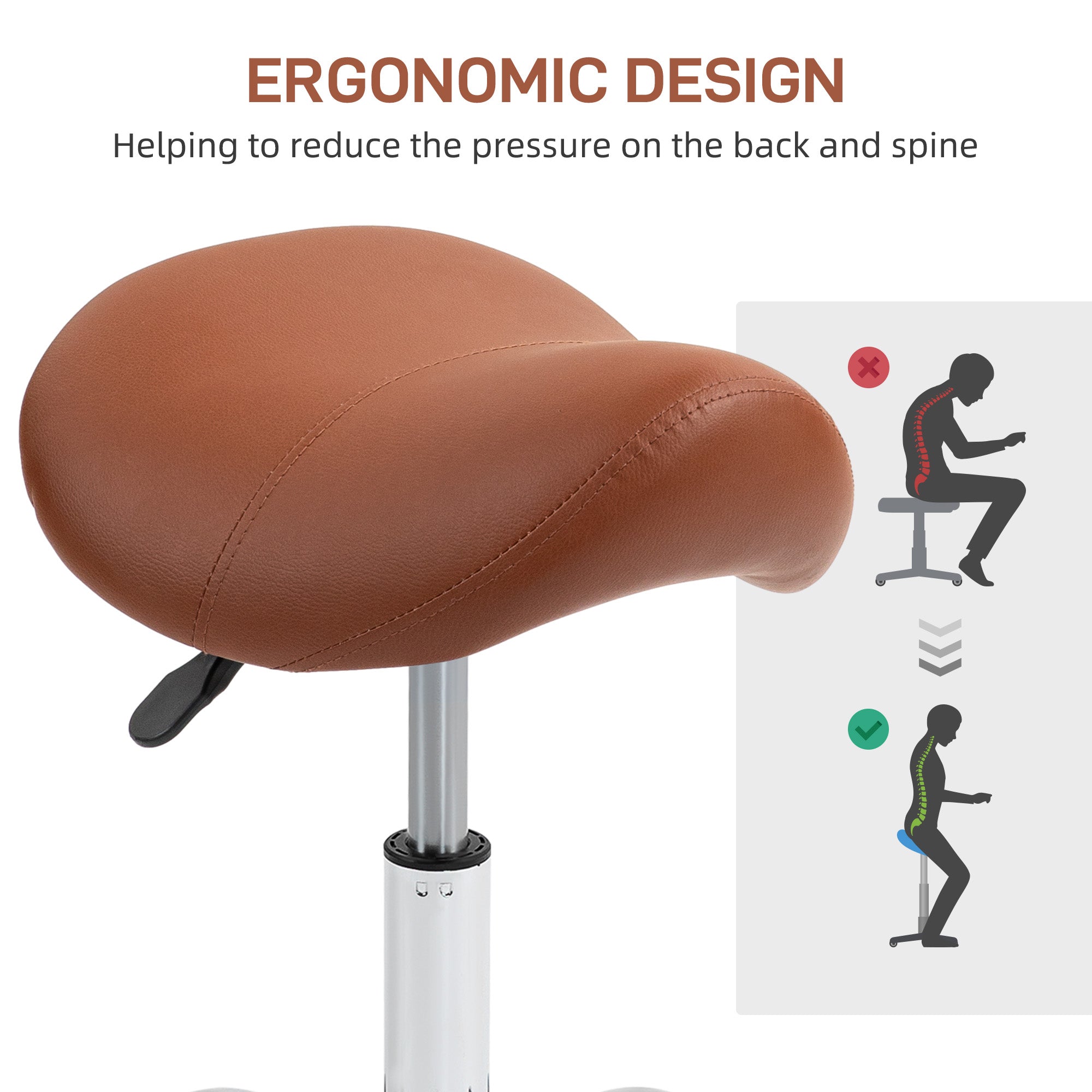 Saddle Stool, Height Adjustable Salon Chair for Massage Spa, Faux Leather, Brown