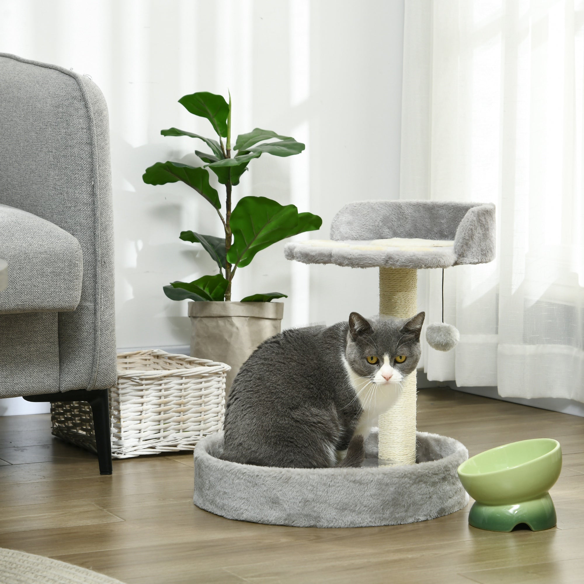 44cm Cat Tower, Cat Tree for Indoor Cats, with Sisal Cat Scratching Post, Toy Ball - Light Grey