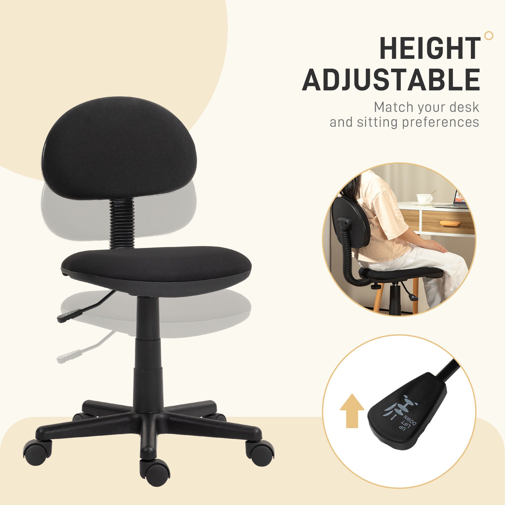 Small Armless Adjustable Office Chair with Swivel - Black
