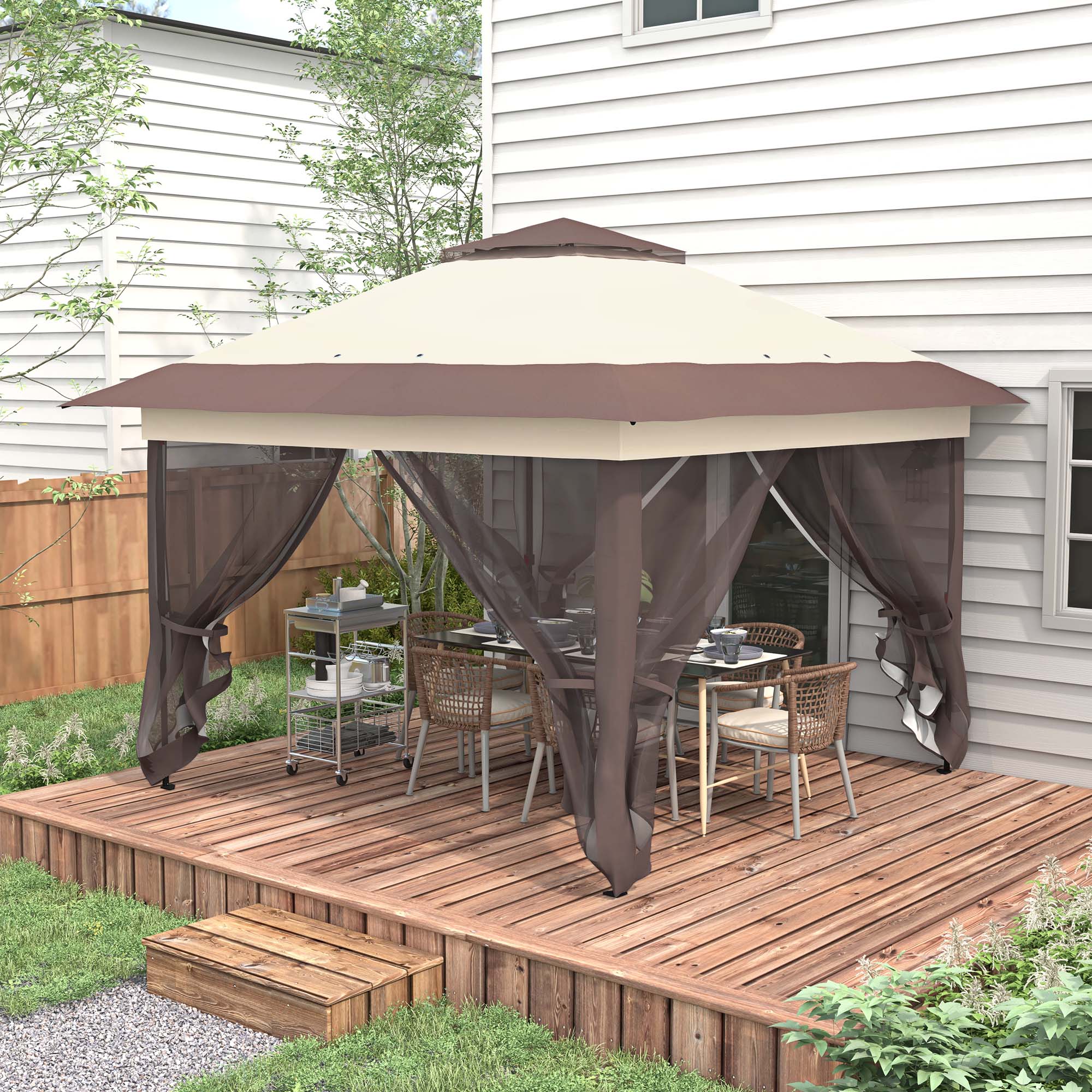 3.6 x 3.6 Metre Pop Up Gazebo with Netting - Adjustable Khaki Sun Shade Shelter