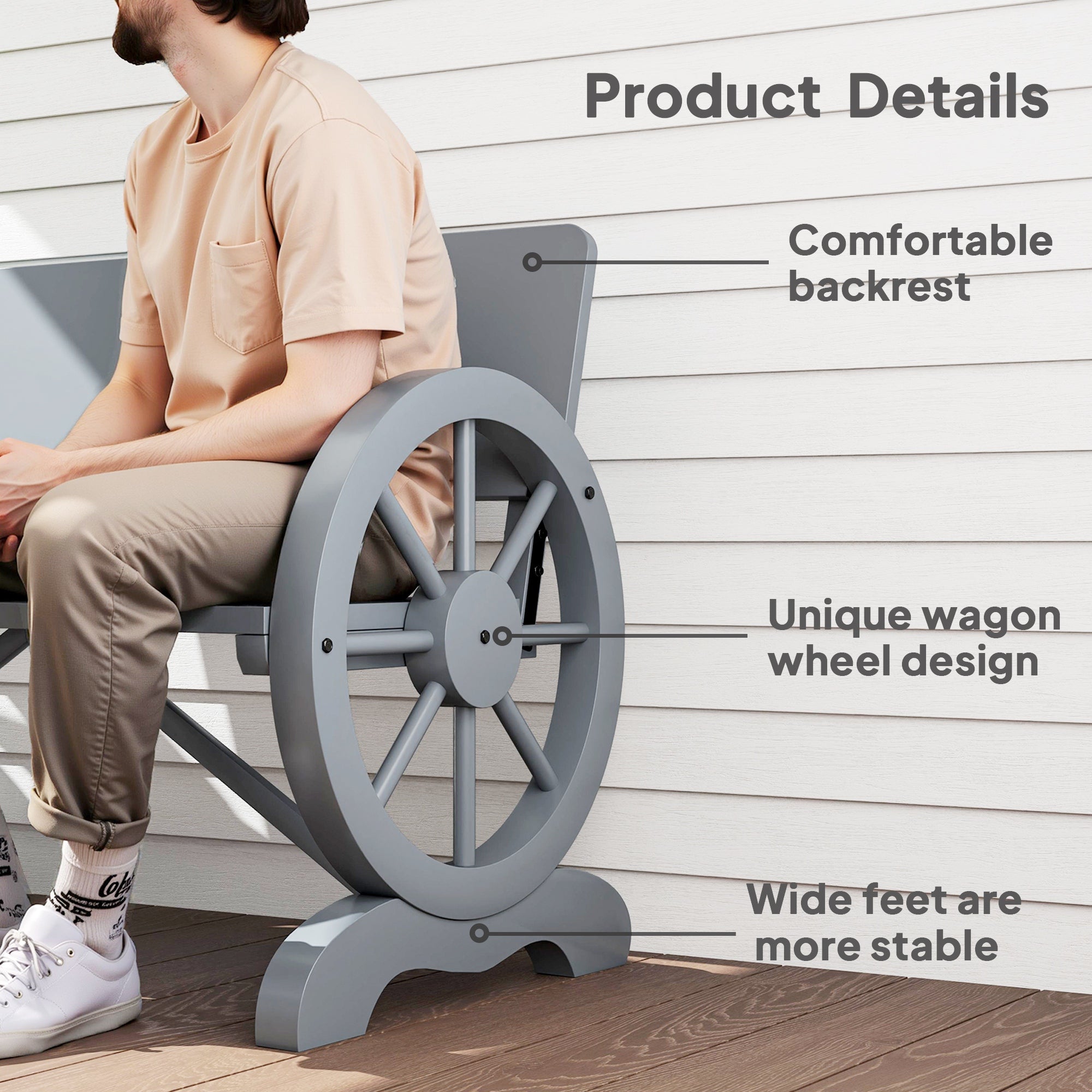 2 Seater Fir Wood Outdoor Garden Wagon Wheel Bench Grey