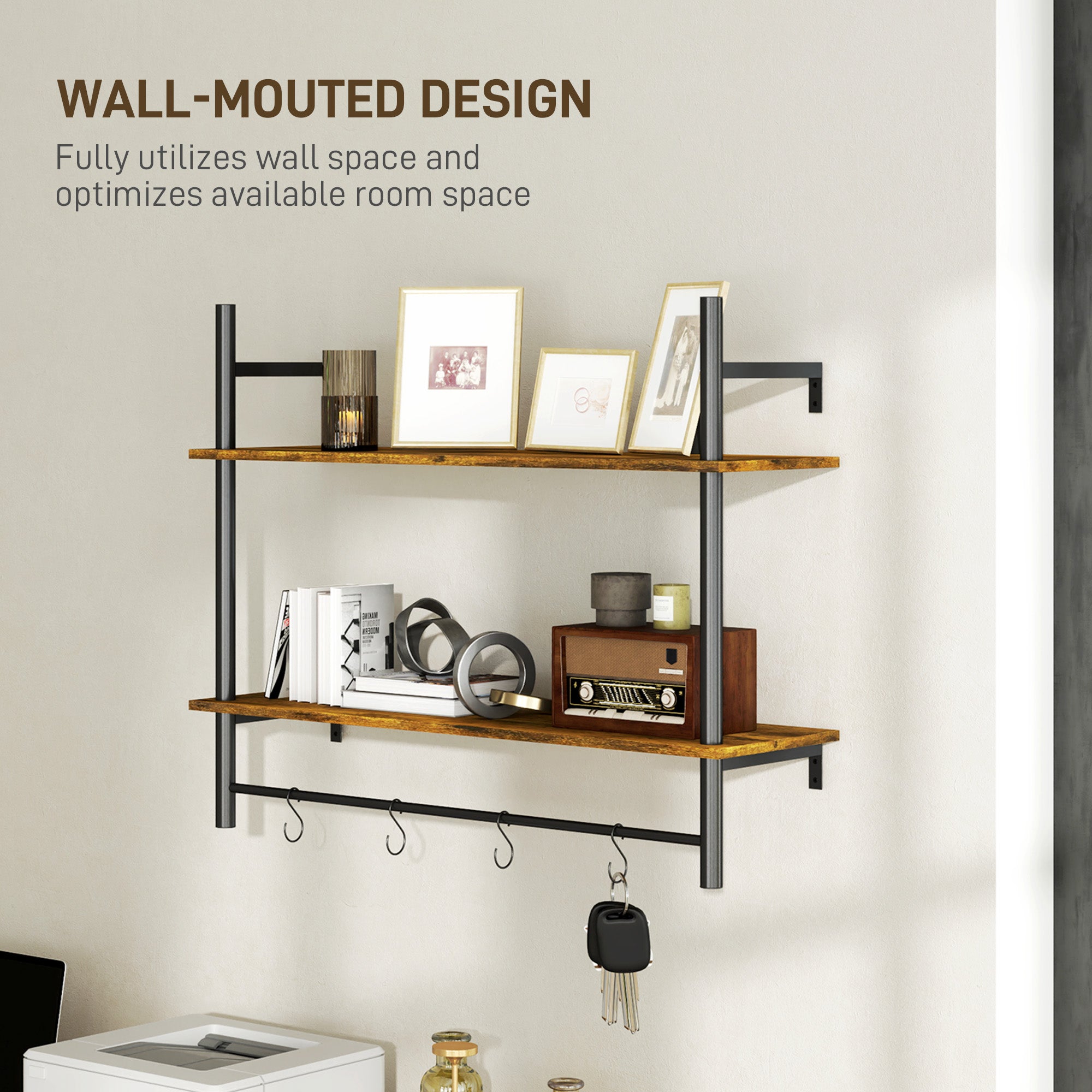 Wall Mounted Floating Shelf Unit with 4 Hooks, Rustic Brown