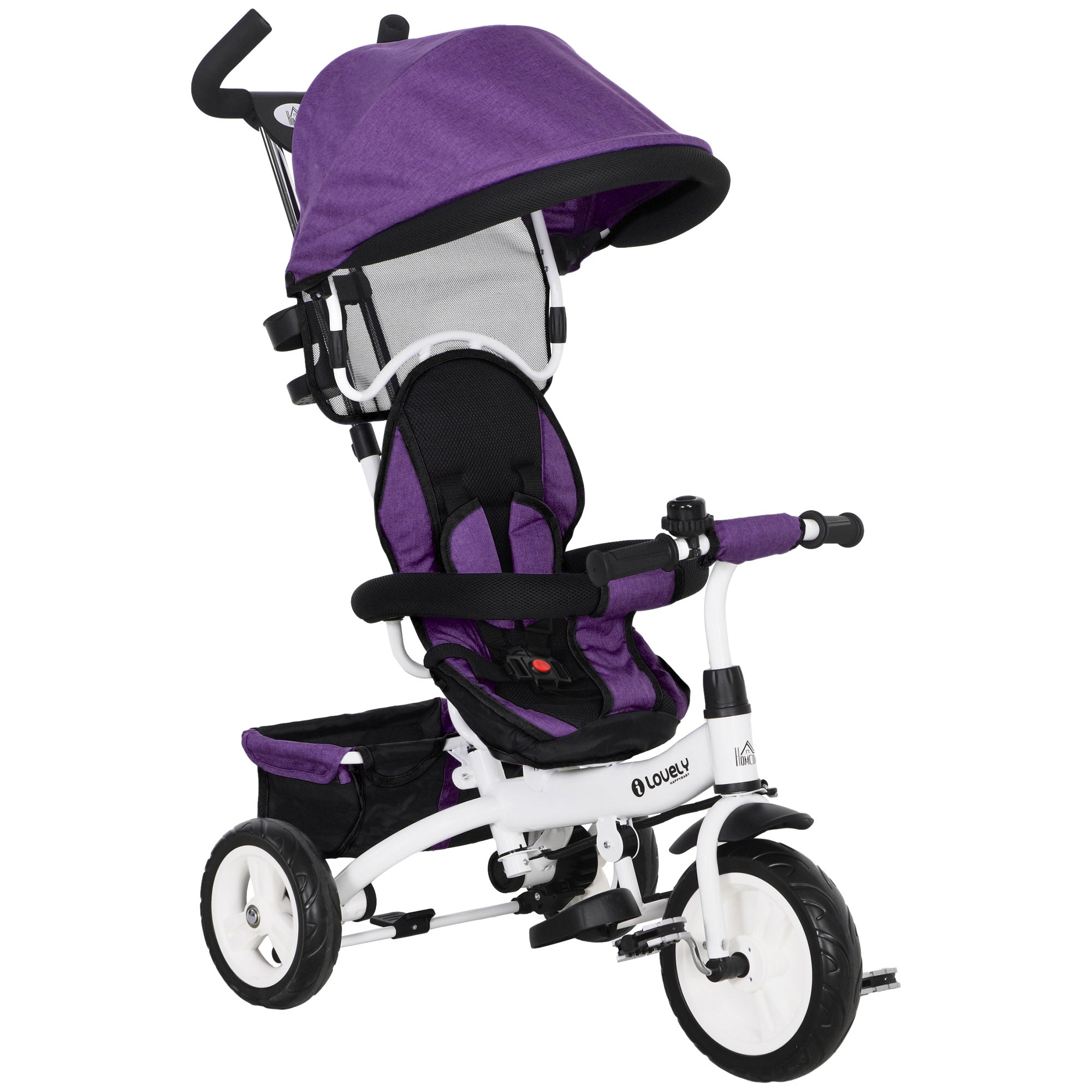 6 in 1 Kids Trike Push Bike w/ Push Handle, Canopy, 5-point Safety Belt, Storage, Footrest, Brake, for 1-5 Years, Purple