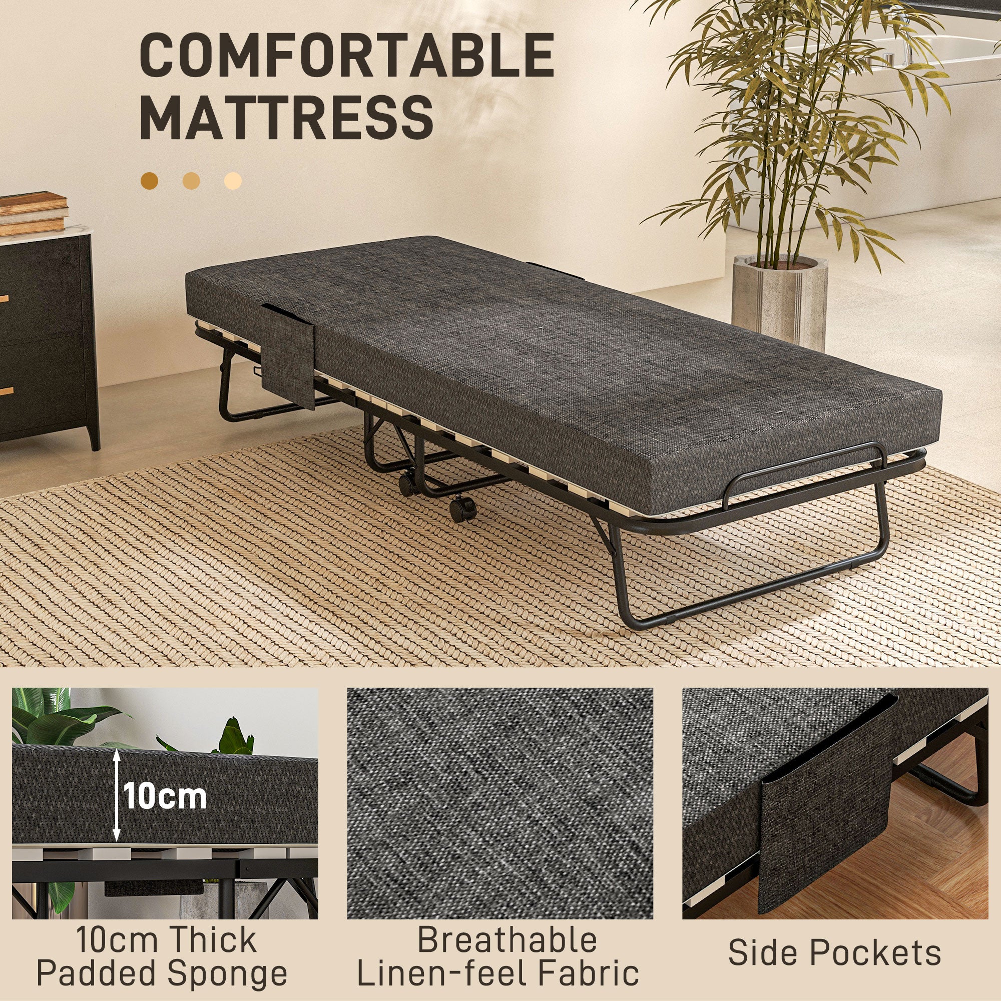 Folding Bed with Mattress, Foldable Guest Bed on Wheels, Portable Single Bed with 10cm Mattress, Side Pockets, Cover, 190 x 80cm, Dark Grey