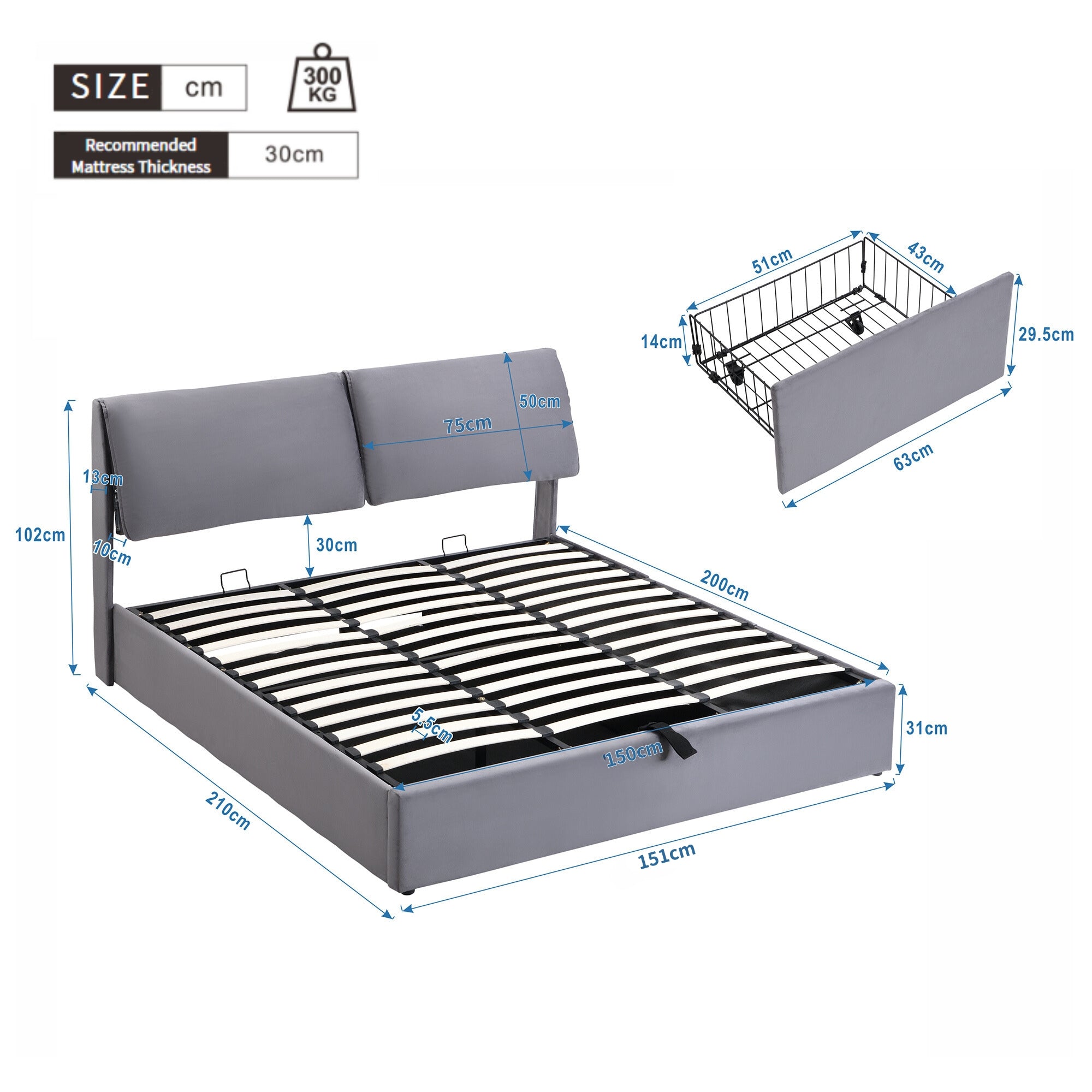 King Size Upholstered Bed with Hydraulic Storage and 3 Drawers - Grey Velvet