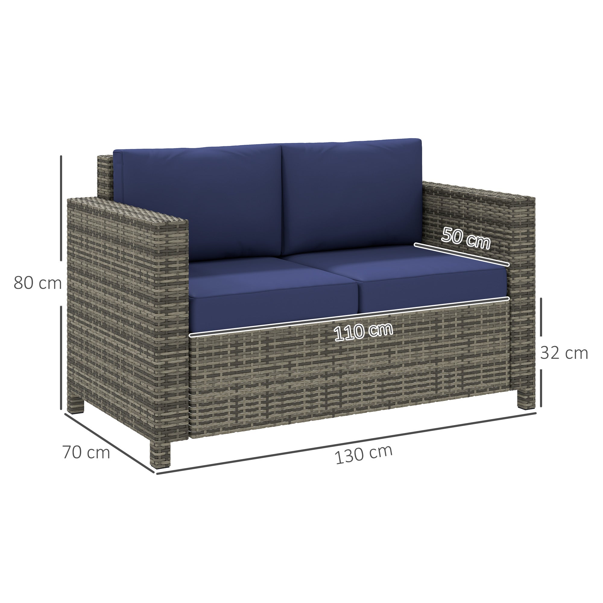 2 Seater Rattan Garden Sofa with Padded Cushions and Armrests Navy Blue