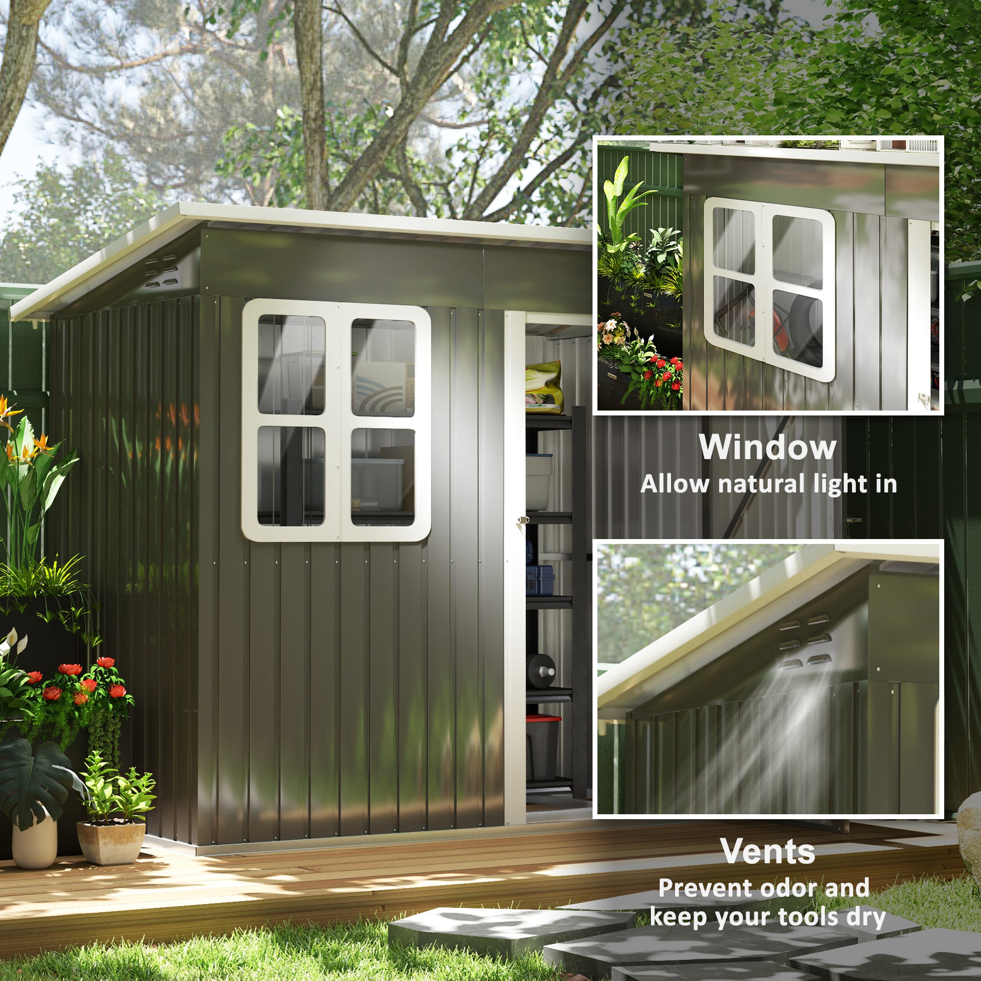 7 x 4ft Galvanised Steel Garden Shed with Lock, Gloves & Foundation Kit - Grey