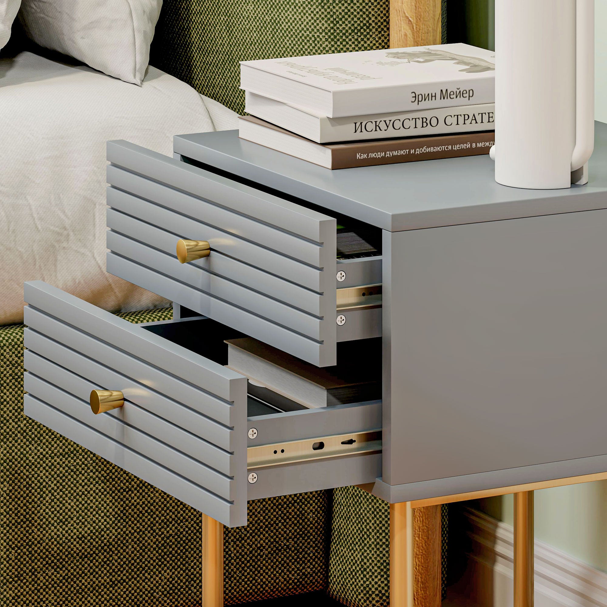 Set of Two Elegant Bedside Tables - Grey/Gold-Tone