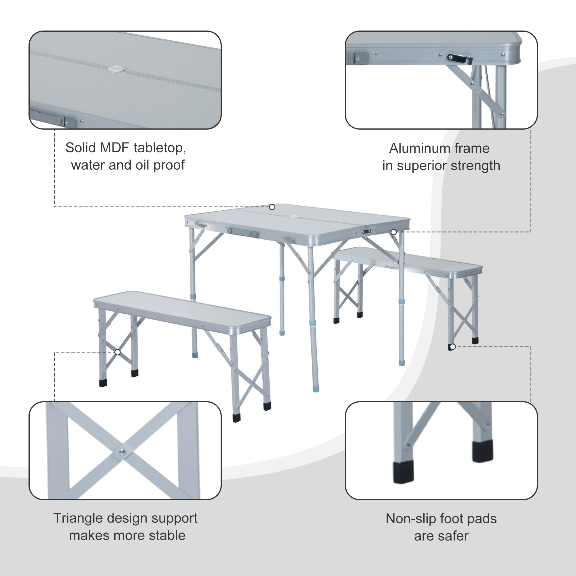 3 pcs Foldable Picnic Table and Bench Set with Umbrella Hole - Silver