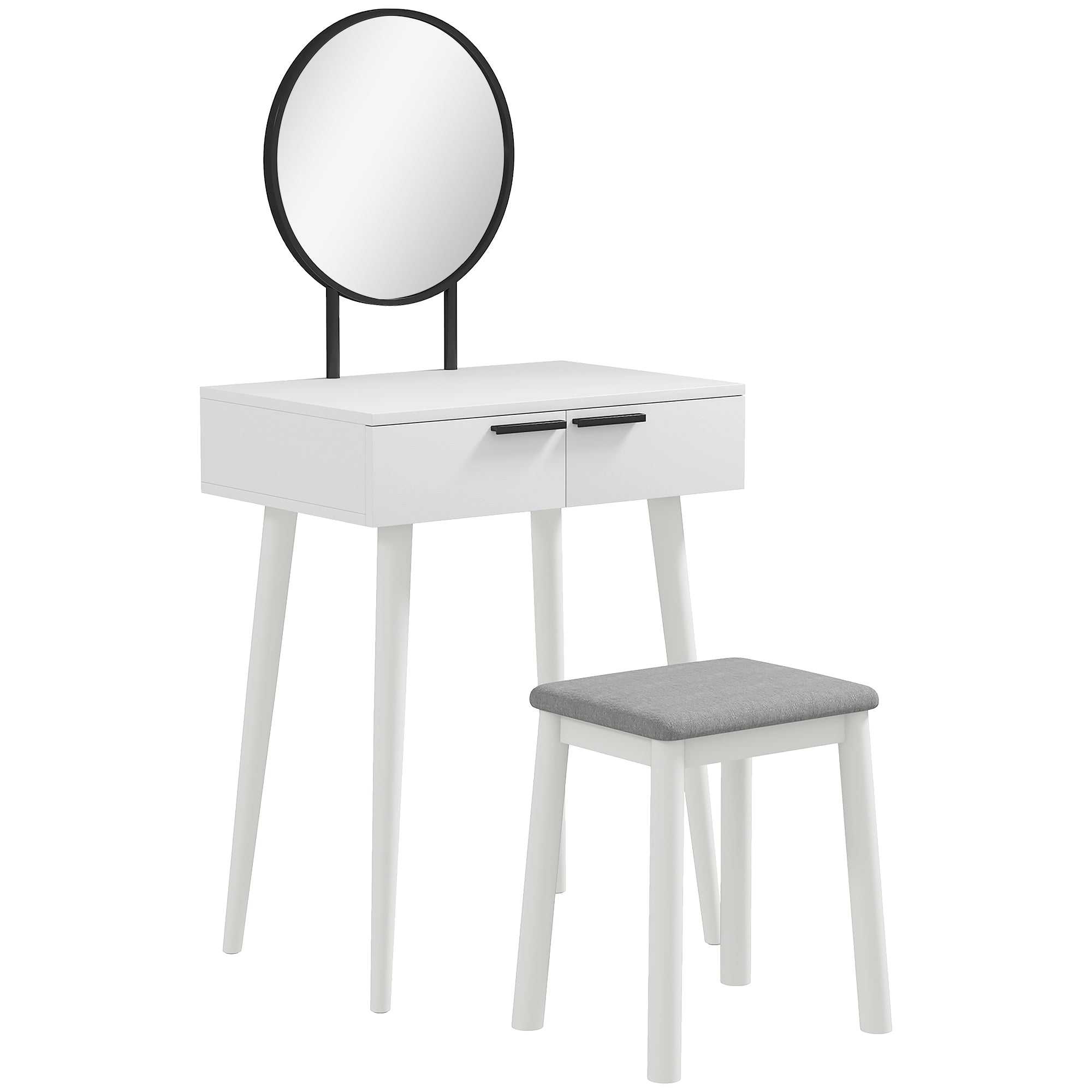 Modern Dressing Table with Round Mirror and Stool, Makeup Vanity Table with 2 Drawers for Bedroom, Living Room, 60 x 40 x 123 cm, White