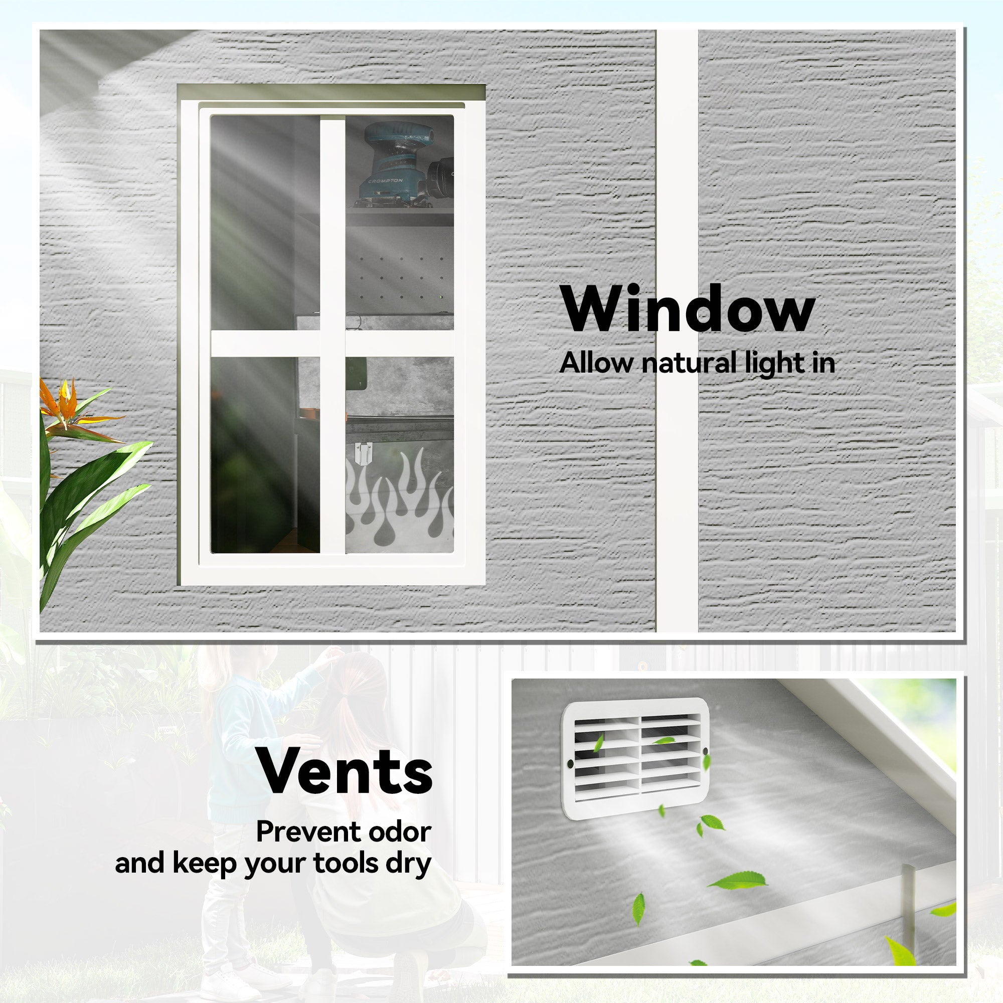 6 x 6ft Garden Shed with Floor, Window, Lockable Doors and Vents, Wood Effect Resin Tool Shed for Outdoor Patio, Grey
