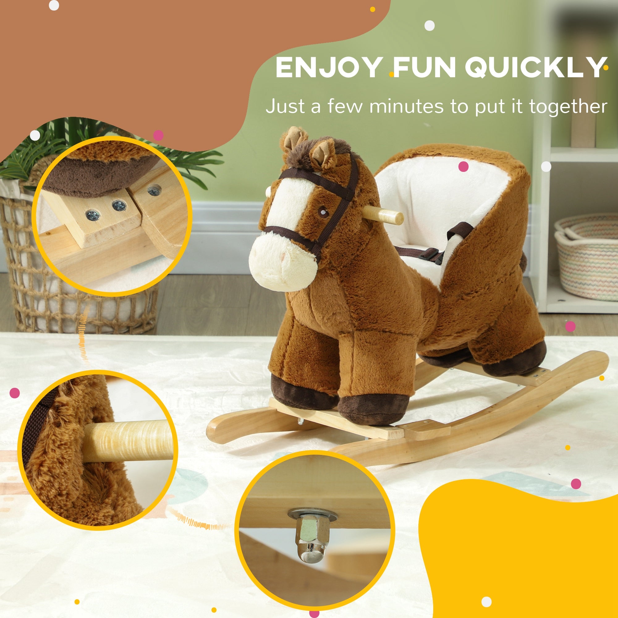 Kids Rocking Horse, Plush Ride on Horse, with Sound, Wood Base, for Ages 18-36 Months, Brown