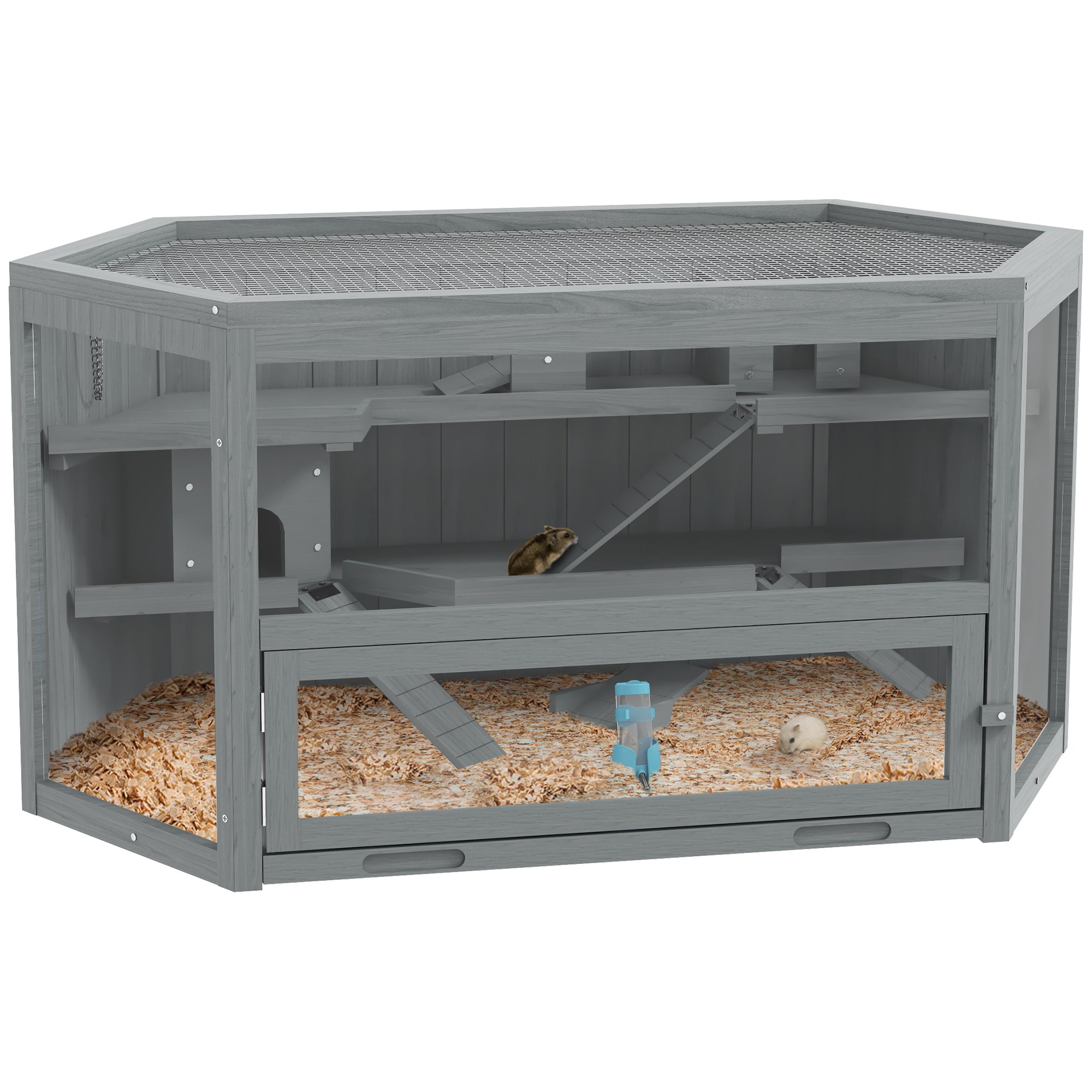 3 Tier Wooden Large Hamster Cage with Sliding Tray, Seesaws, Water Bottle, Grey