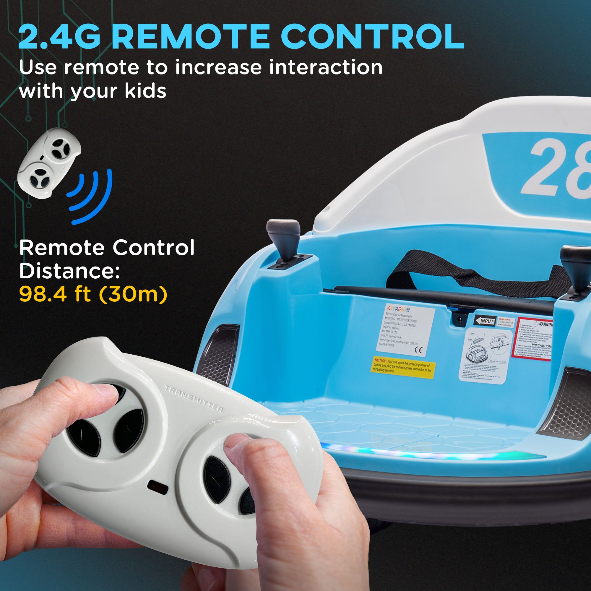 360° Rotation Kids Bumper Car, 12V Waltzer Car with Remote Control, Dual Joysticks, Music Lights - Light Blue