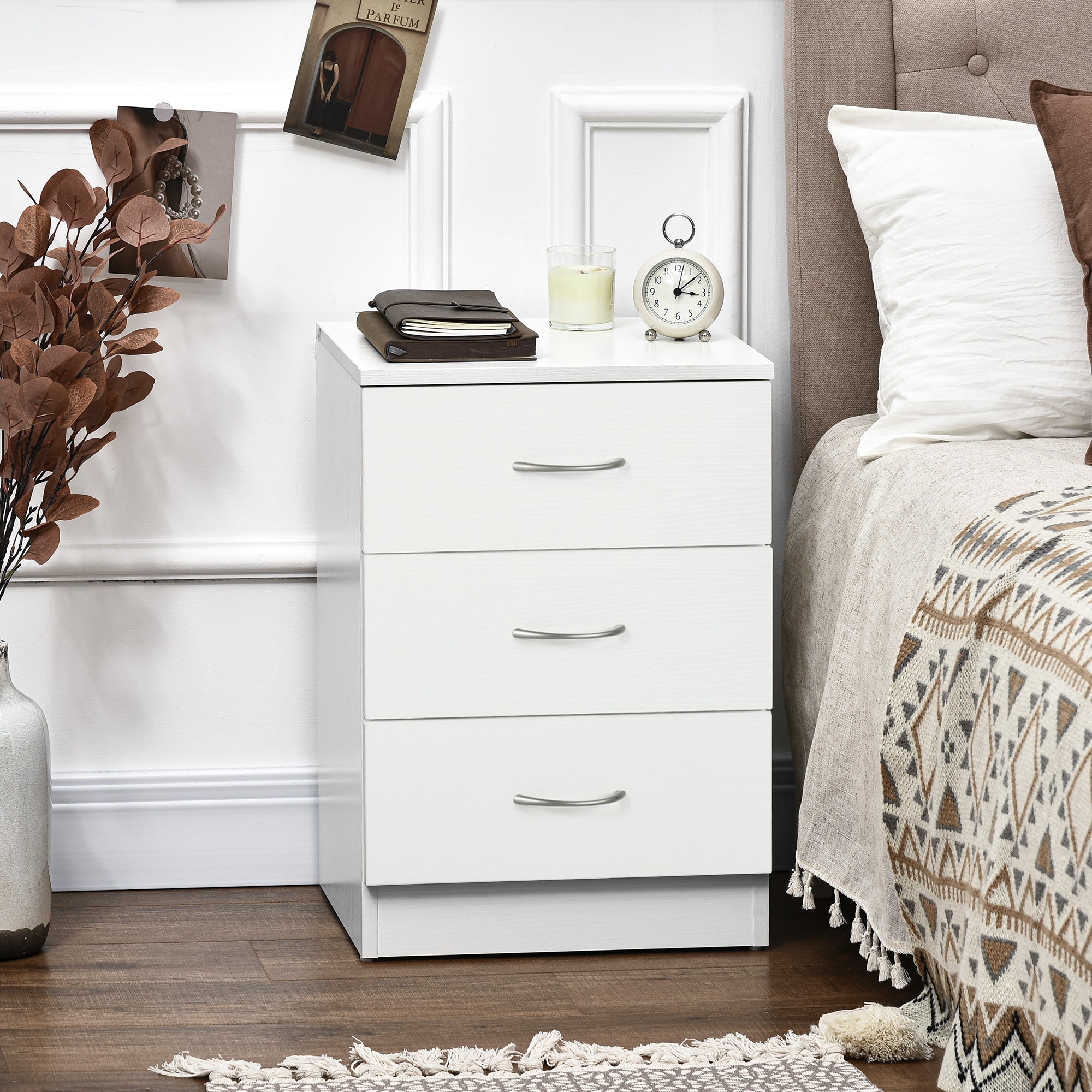 Three-Drawer Simple Bedside Table - White