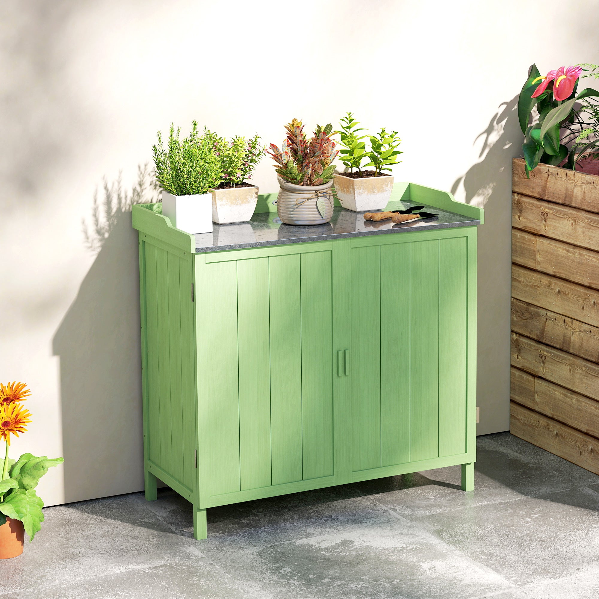 Wood Garden Storage Cabinet, Outdoor Tool Shed, Potting Bench Table with galvanised Top and Two Shelves for garden Tools or Pool Accessories, Green