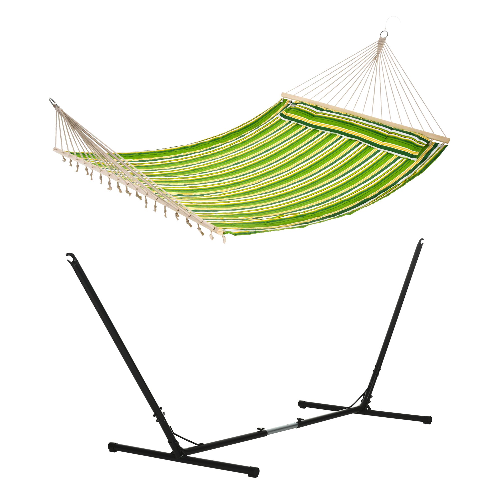 Outdoor Garden Hammock with Stand, Double Cotton Hammock with Adjustable Steel Frame, Swing Hanging Bed with Pillow, for Garden, Patio, Beach, Green Stripes