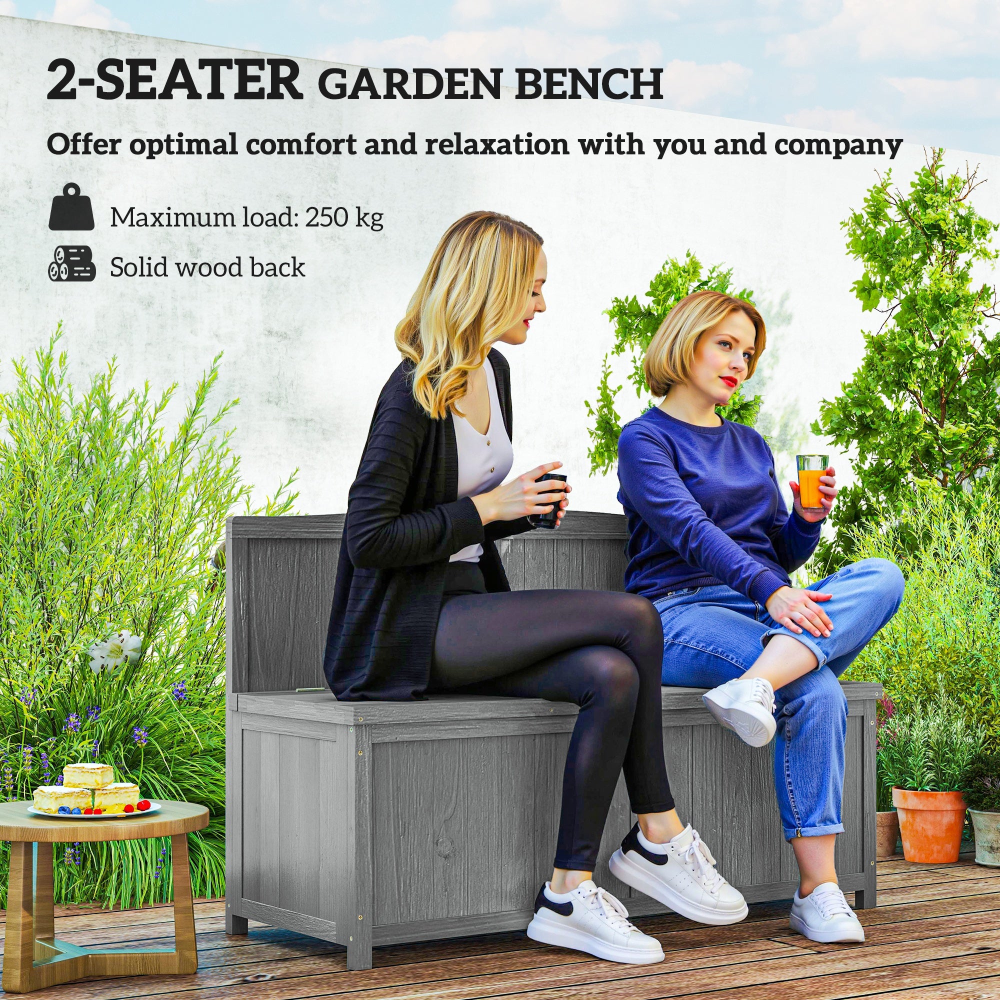 Wood Storage Bench for Patio Furniture, Outdoor Garden Seating Tools, Grey