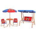 4 Piece Kids Garden Furniture Set with Adjustable Canopy and Double Seat Swing Chair, Cowboy Theme, Ages 3-6 - Red and Blue