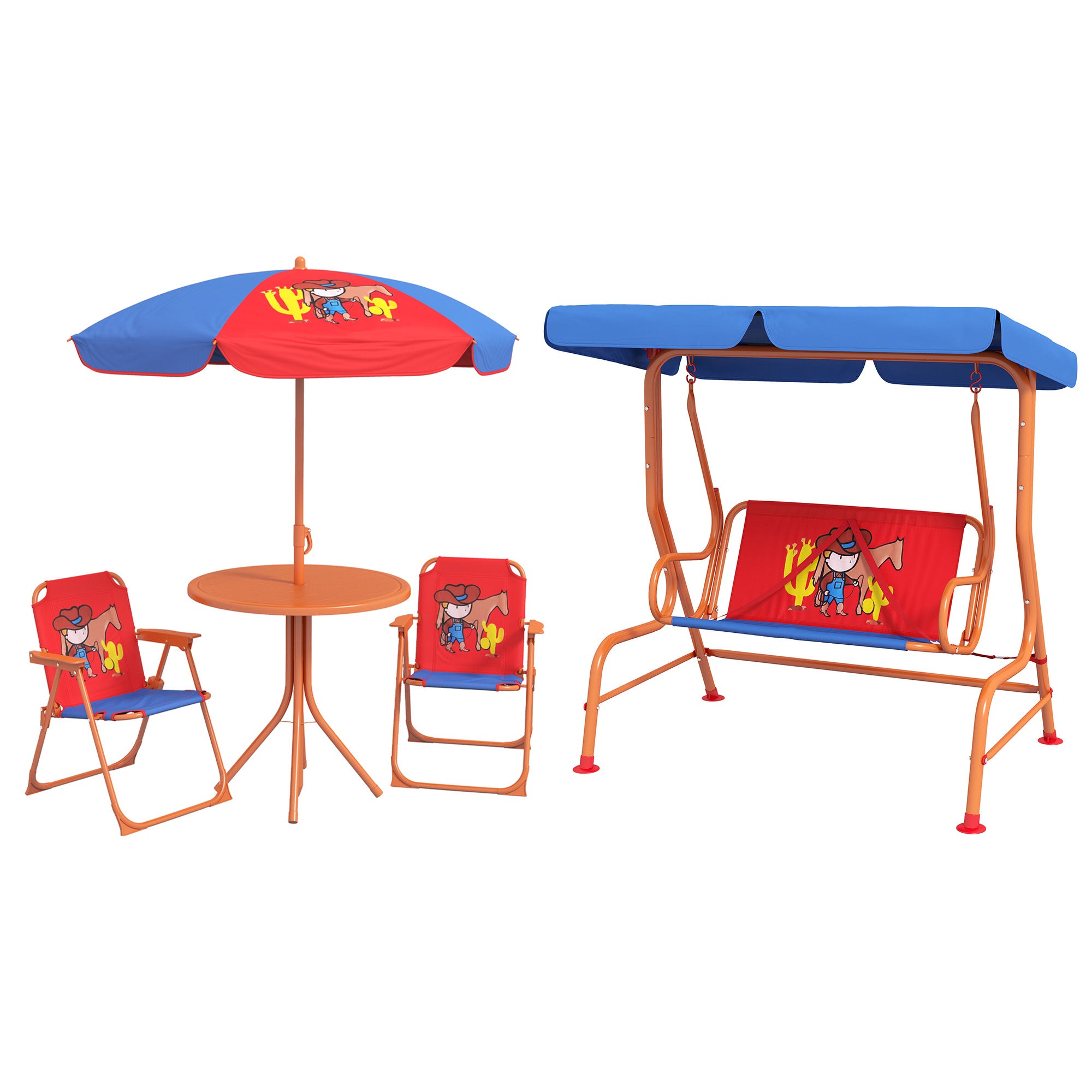 4 Piece Kids Garden Furniture Set with Adjustable Canopy, Cowboy Themed, Kids Garden Table and Chair Set and Double Seat Swing Chair for Patio Park Porch, for Ages 3-6 Years - Red and Blue