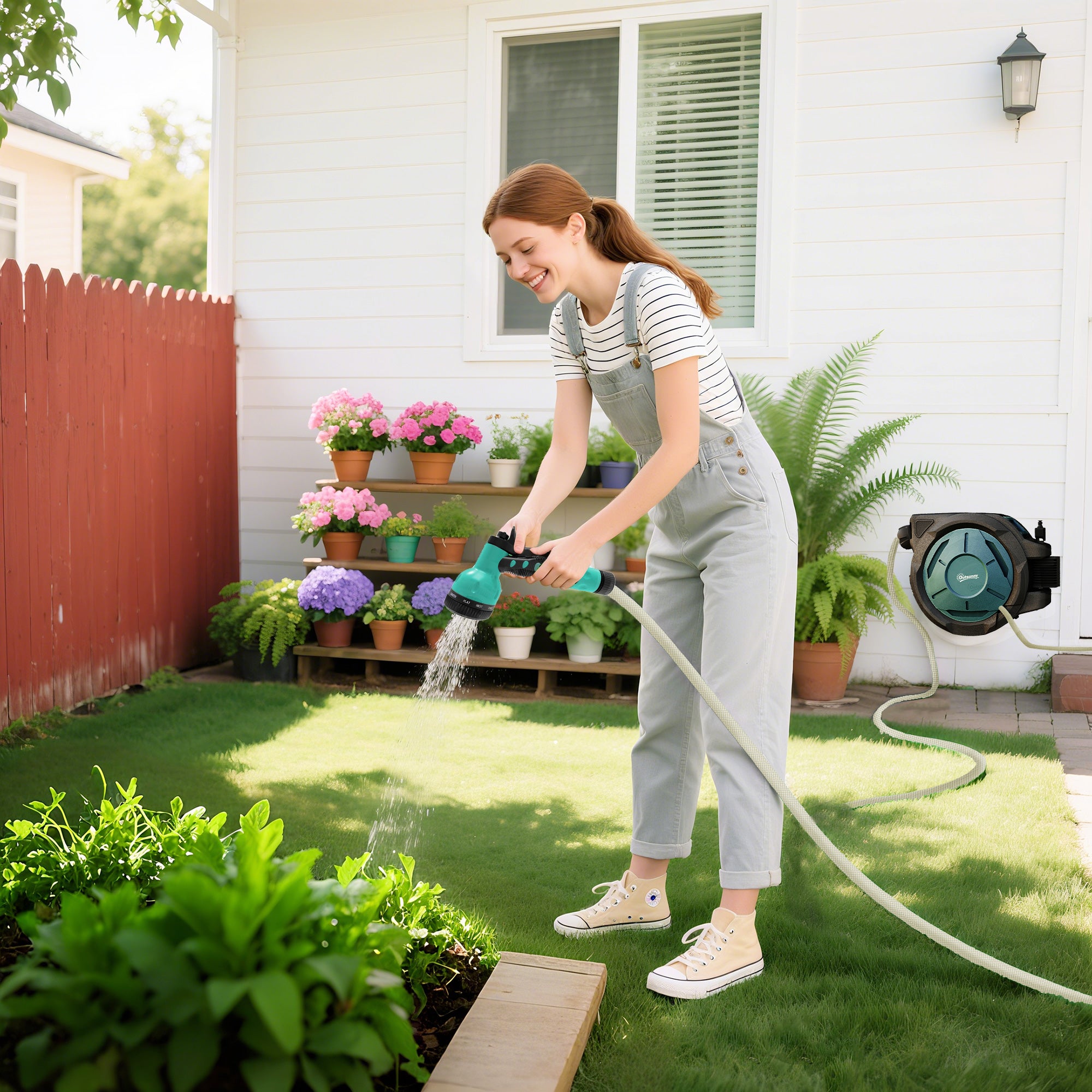 Retractable Hose Reel Wall Mounted, 20+2m Garden Hose Pipe Reel with Lock, Auto Rewind, 7 in 1 Spray Nozzle, Includes Wall Fixings, 180° Swivel, Outdoor Watering, 54 x 20 x 39 cm, Black