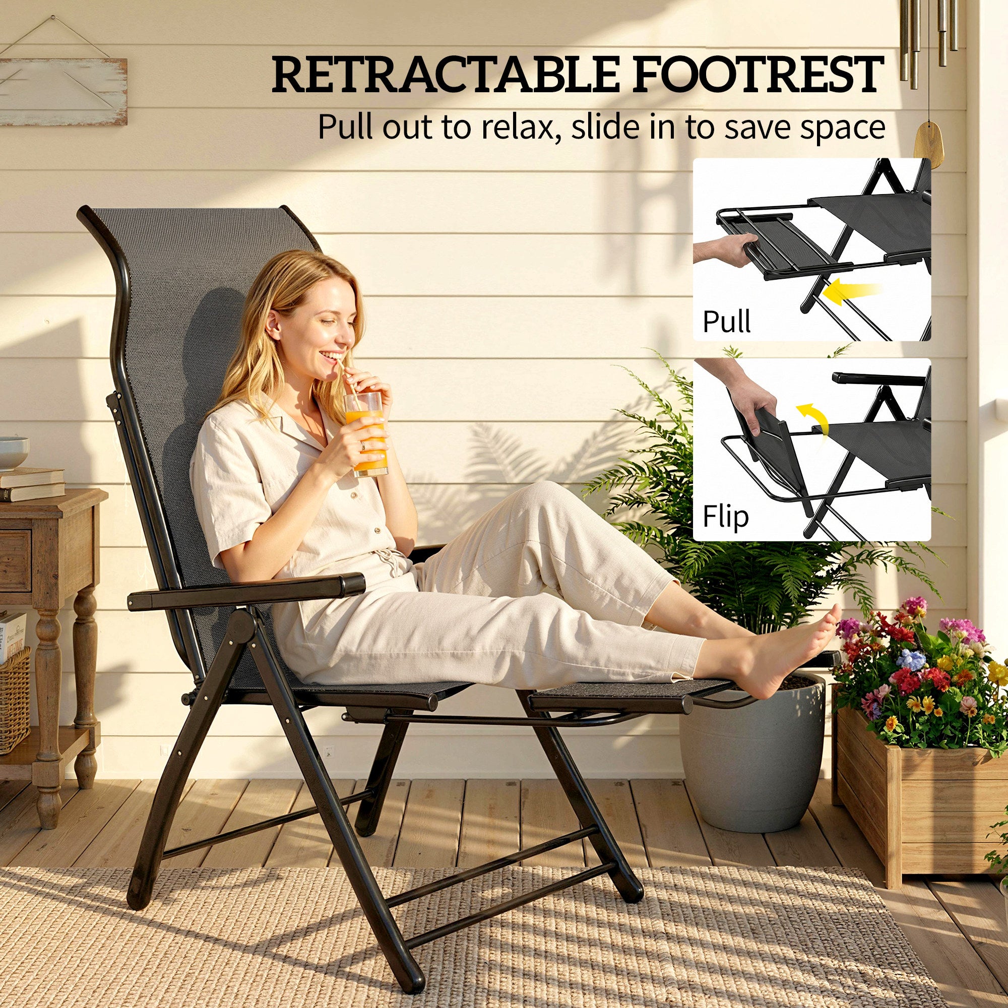 Reclining Garden Chairs Set of 2 with High Back, Retractable Footrest, Dark Grey