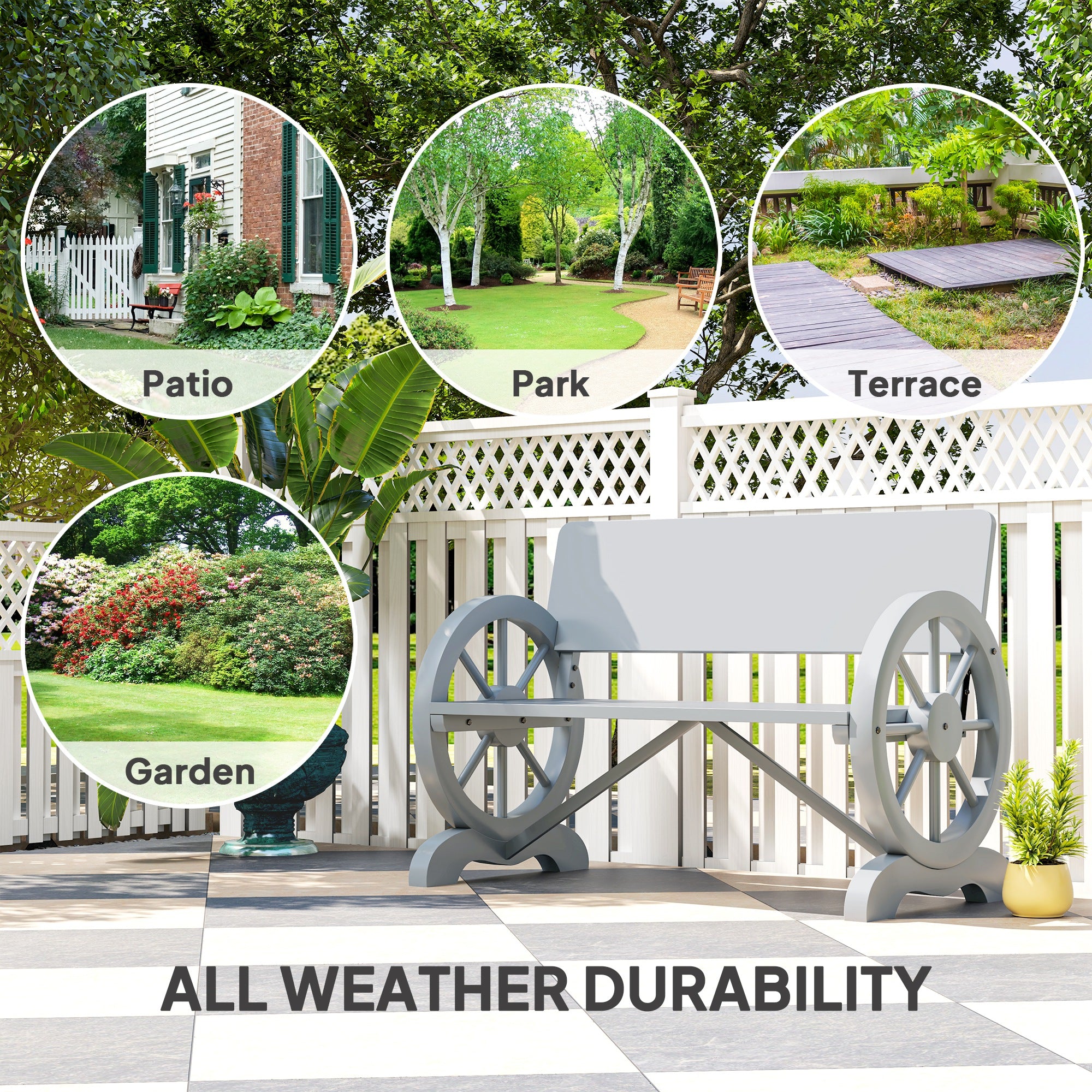 2 Seater Fir Wood Outdoor Garden Wagon Wheel Bench Grey