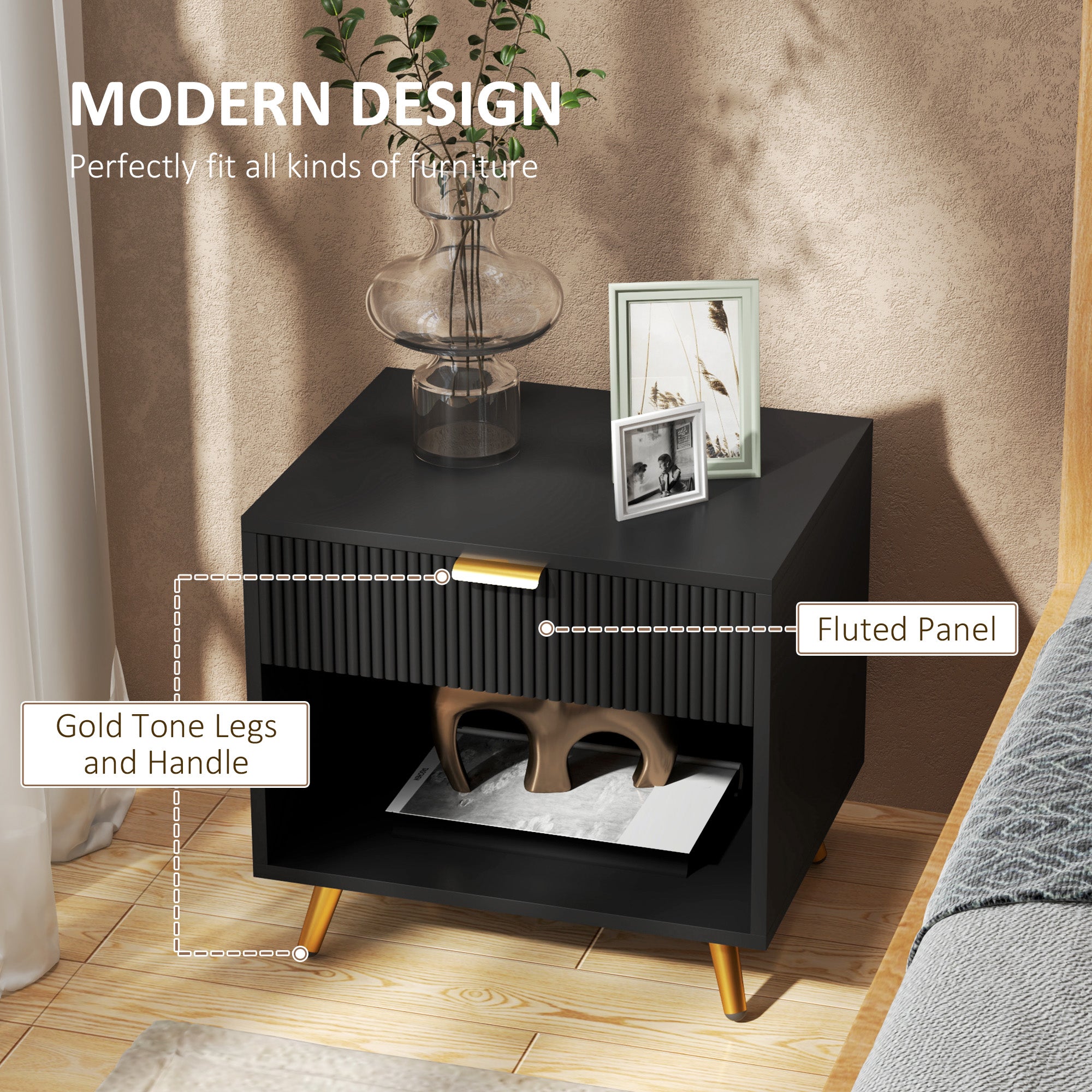 Elegant Bedside Table, with Drawer and Shelf - Black/Gold Tone