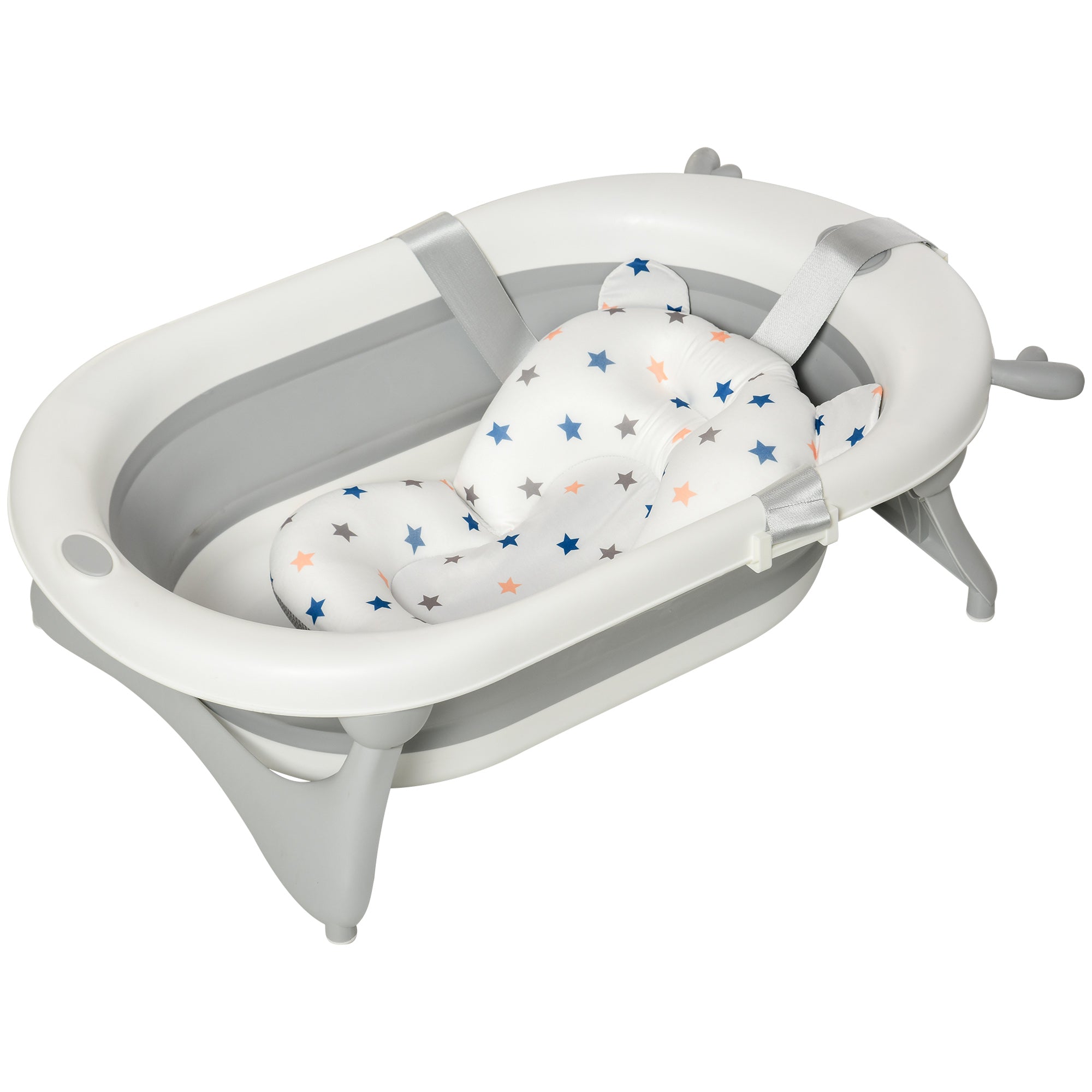 Foldable Baby Bathtub Set, Collapsible Bath Tub with Thermostatic Water Plug, Non-Slip Support, Cushion Pad, Drain Plugs, for Newborn to 3 Years - Offwhite