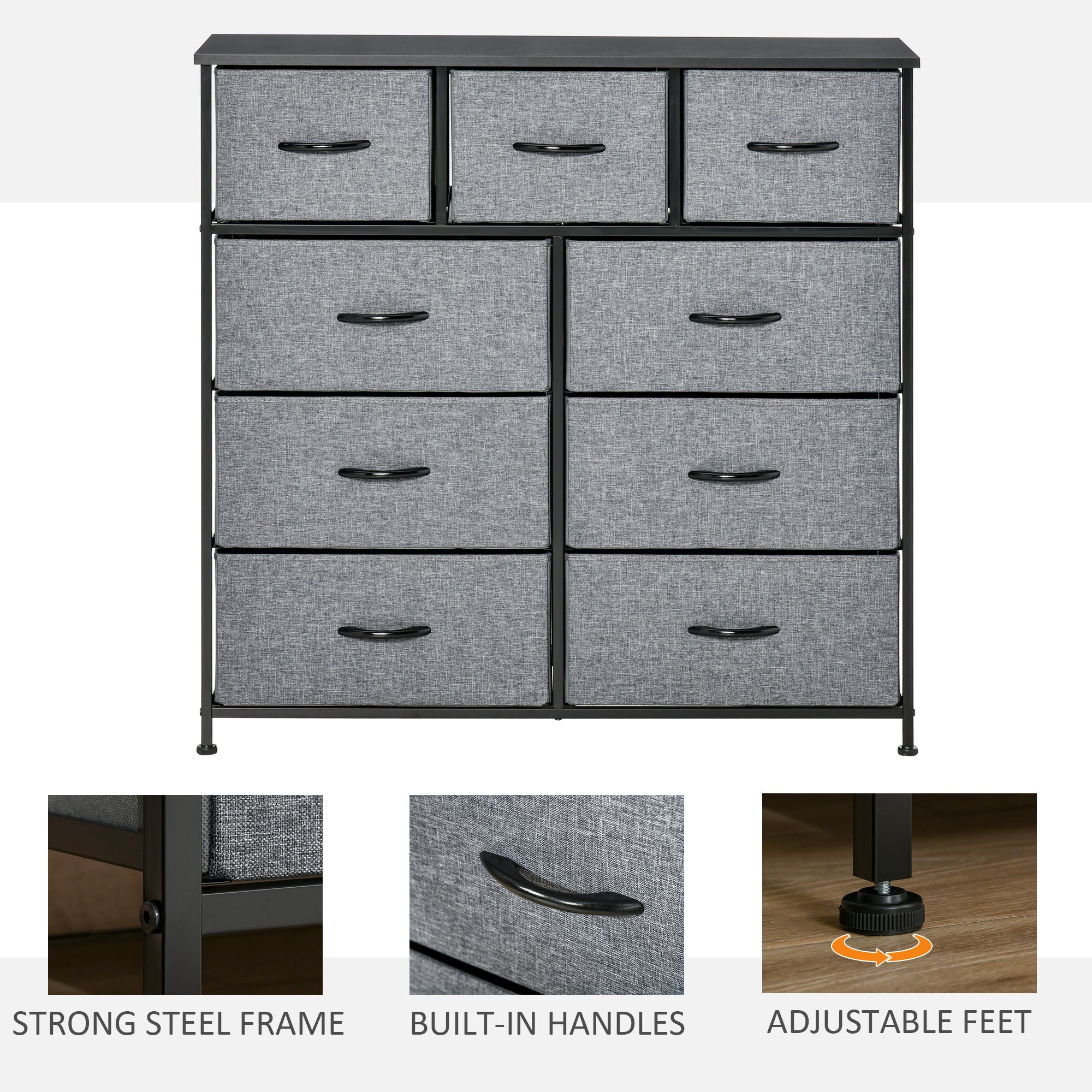 9-Drawer Storage Chest Dresser Organizer with Fabric Bins for Bedroom, Hallway, Entryway - Black & Grey