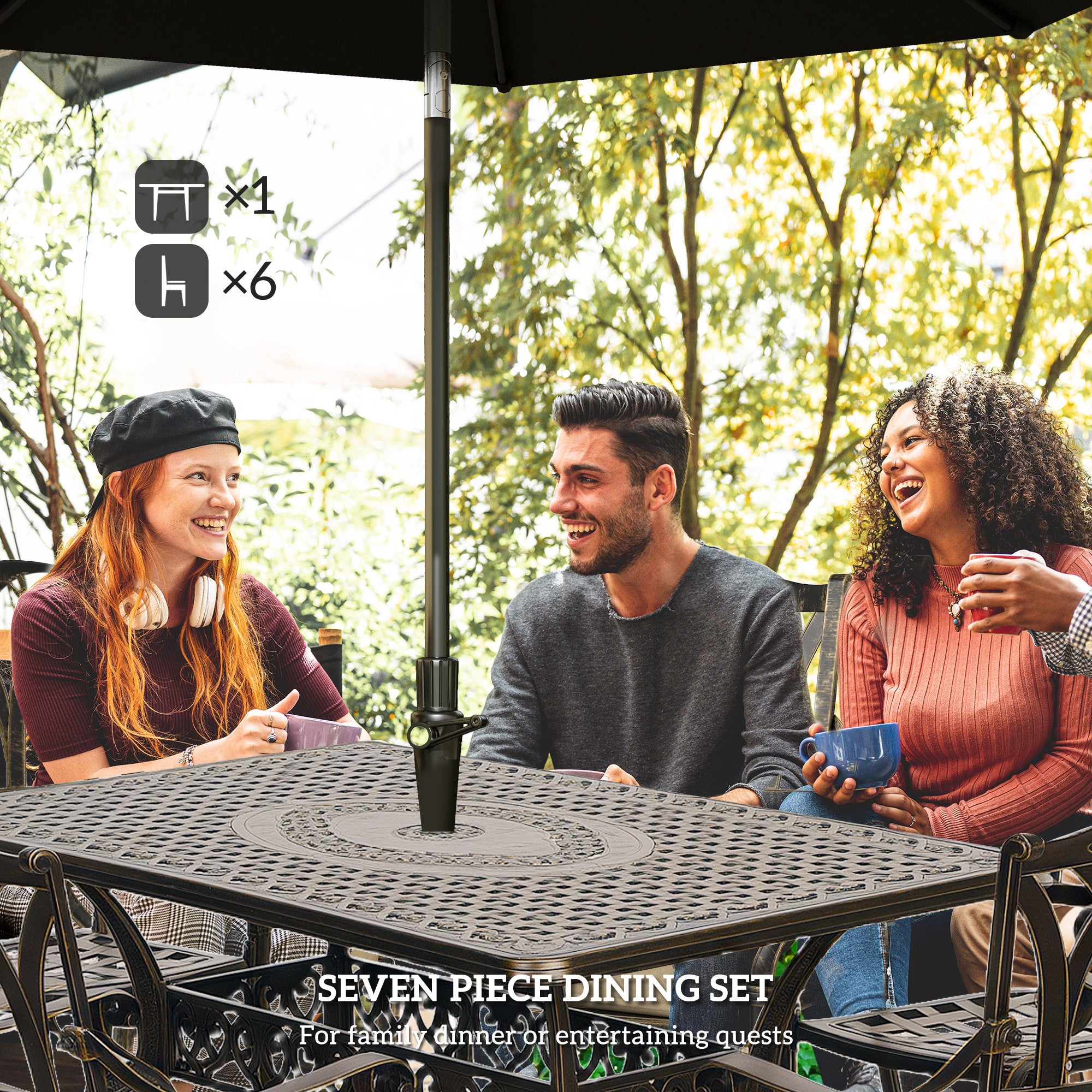 7 Piece Cast Aluminium Garden Dining Set with Floral Design - Bronze Tone