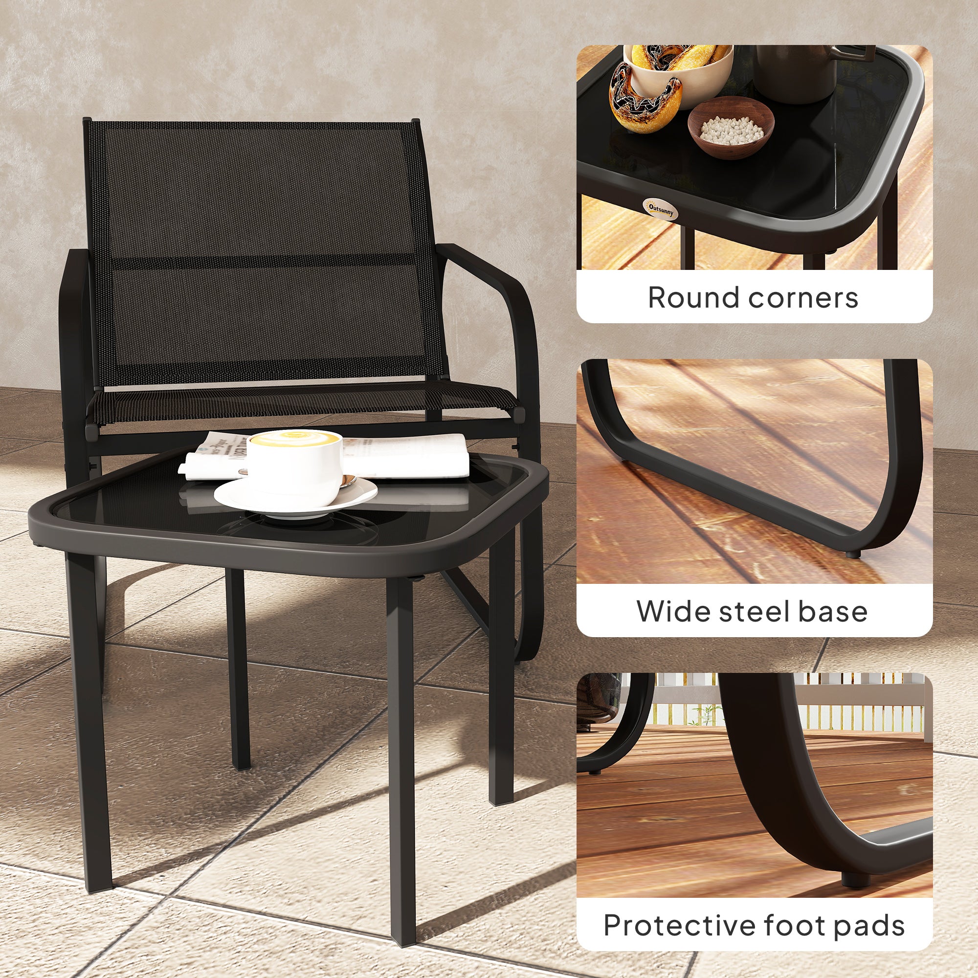 3 Piece Powder Coated Steel Garden Seating Set with Glass Table - Black