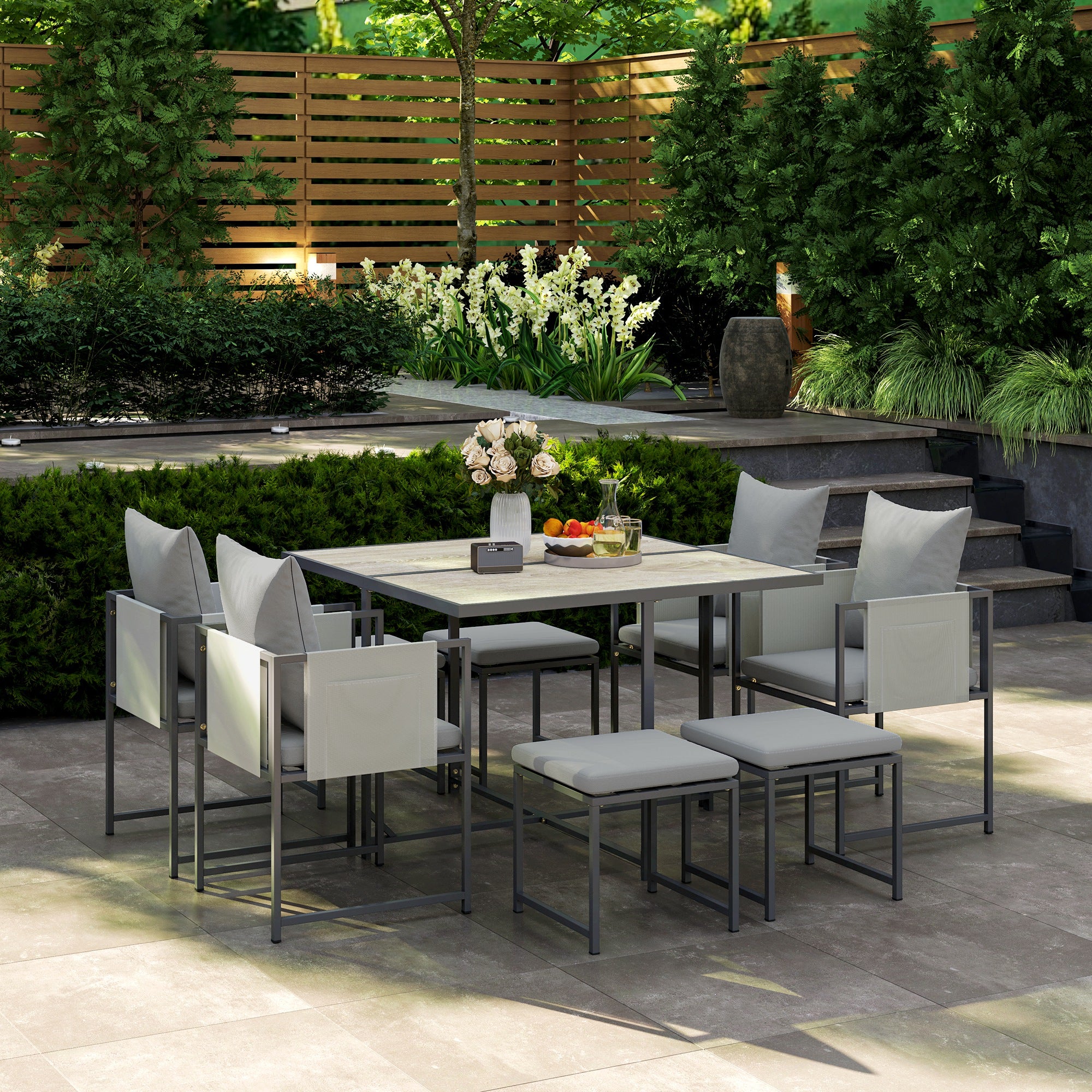 9 Piece Steel Frame Garden Dining Set with Cushions - Grey