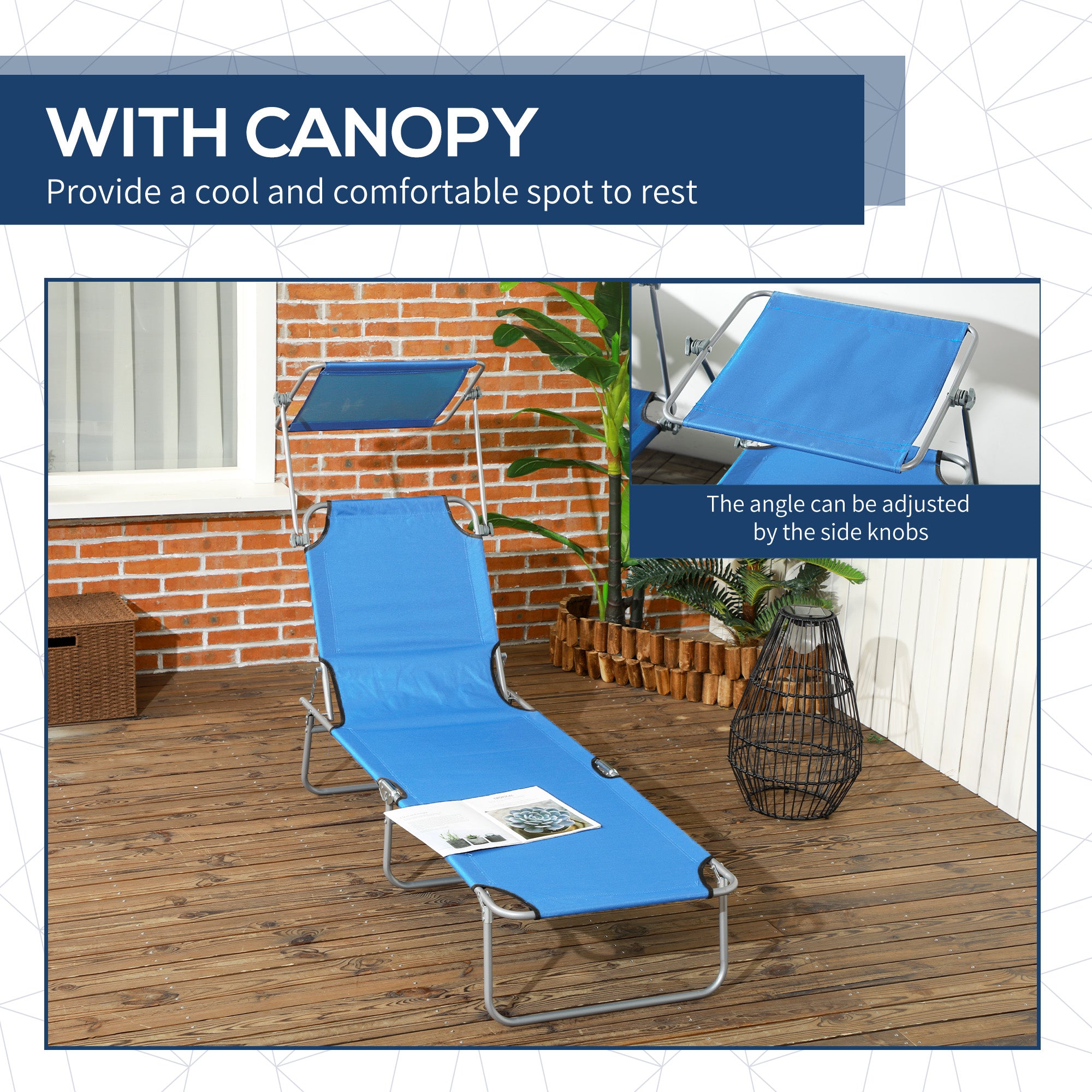 Adjustable Sun Lounger with Face Canopy - Bright Blue