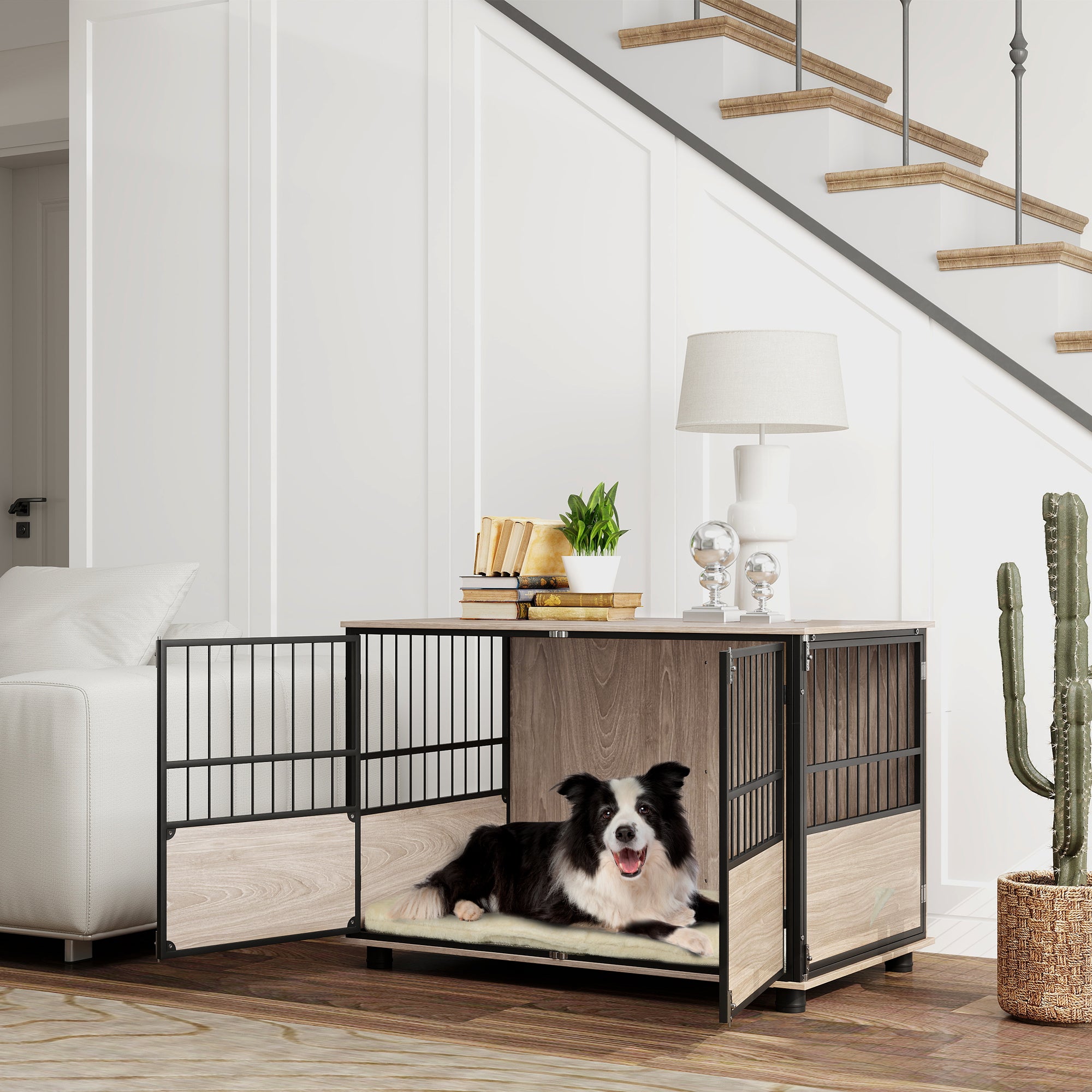 100cm Furniture Style Dog Crate Dog Cage End Table Indoor with 3 Doors Soft Washable Cushion, for Large Sized Dogs