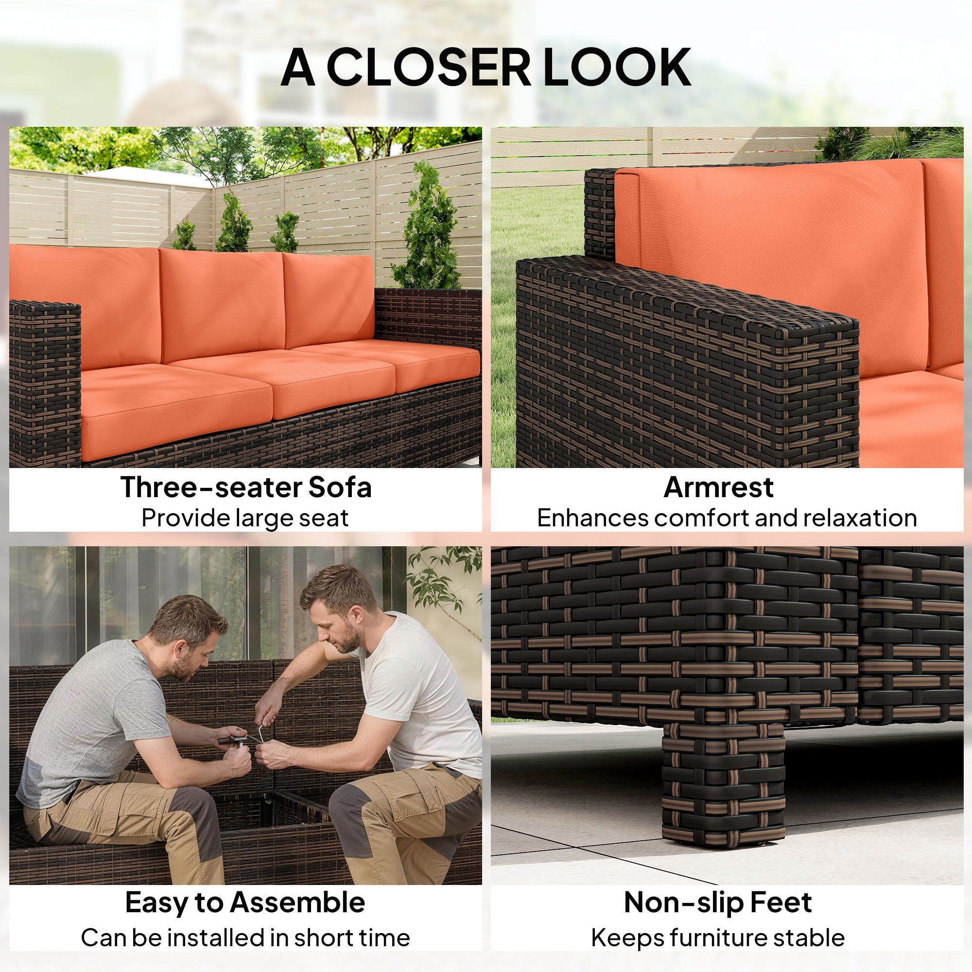 3 Seater Rattan Sofa All-Weather Wicker Weave Metal Frame Chair with Fire Resistant Cushio-Orange