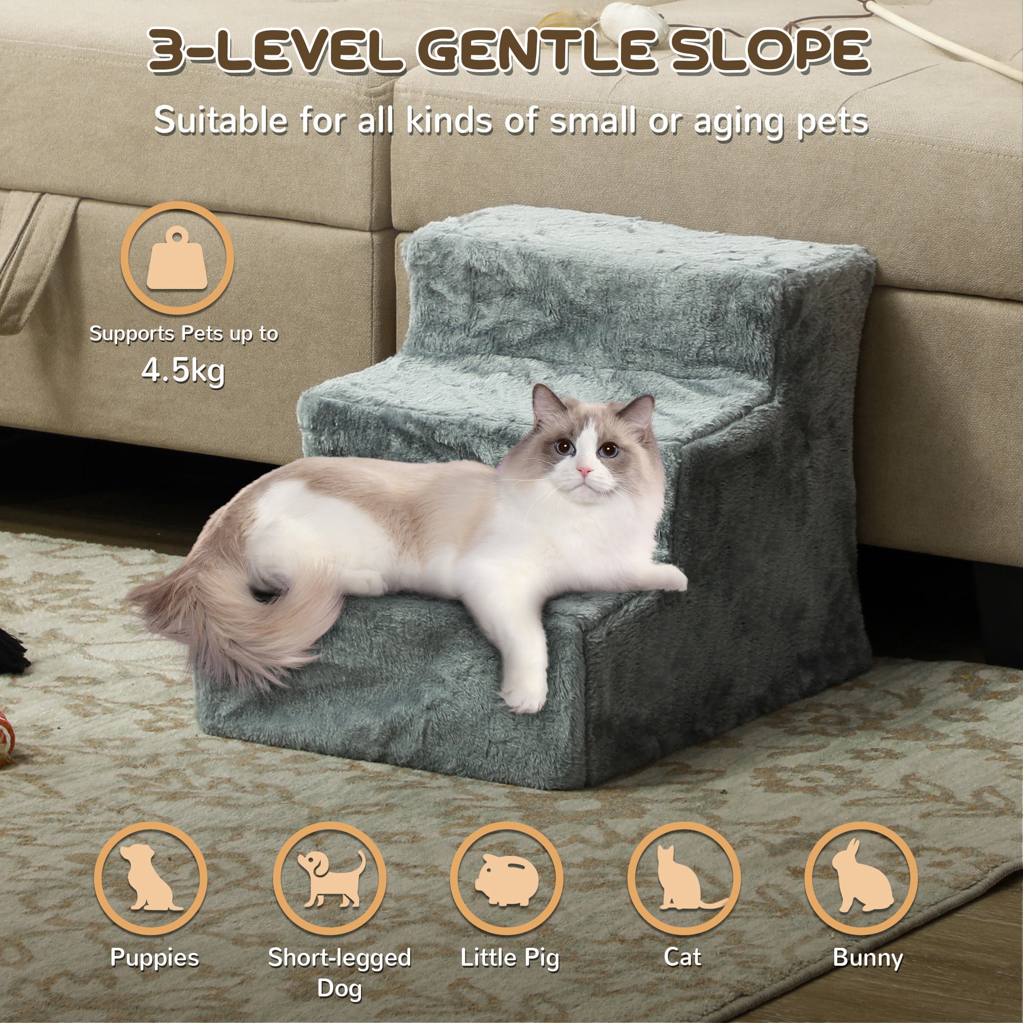 Three-Step Dog Stairs, with Washable Plush Cover, for High Bed Sofa, Dog Stairs for Small Dog and Cat - Light Grey