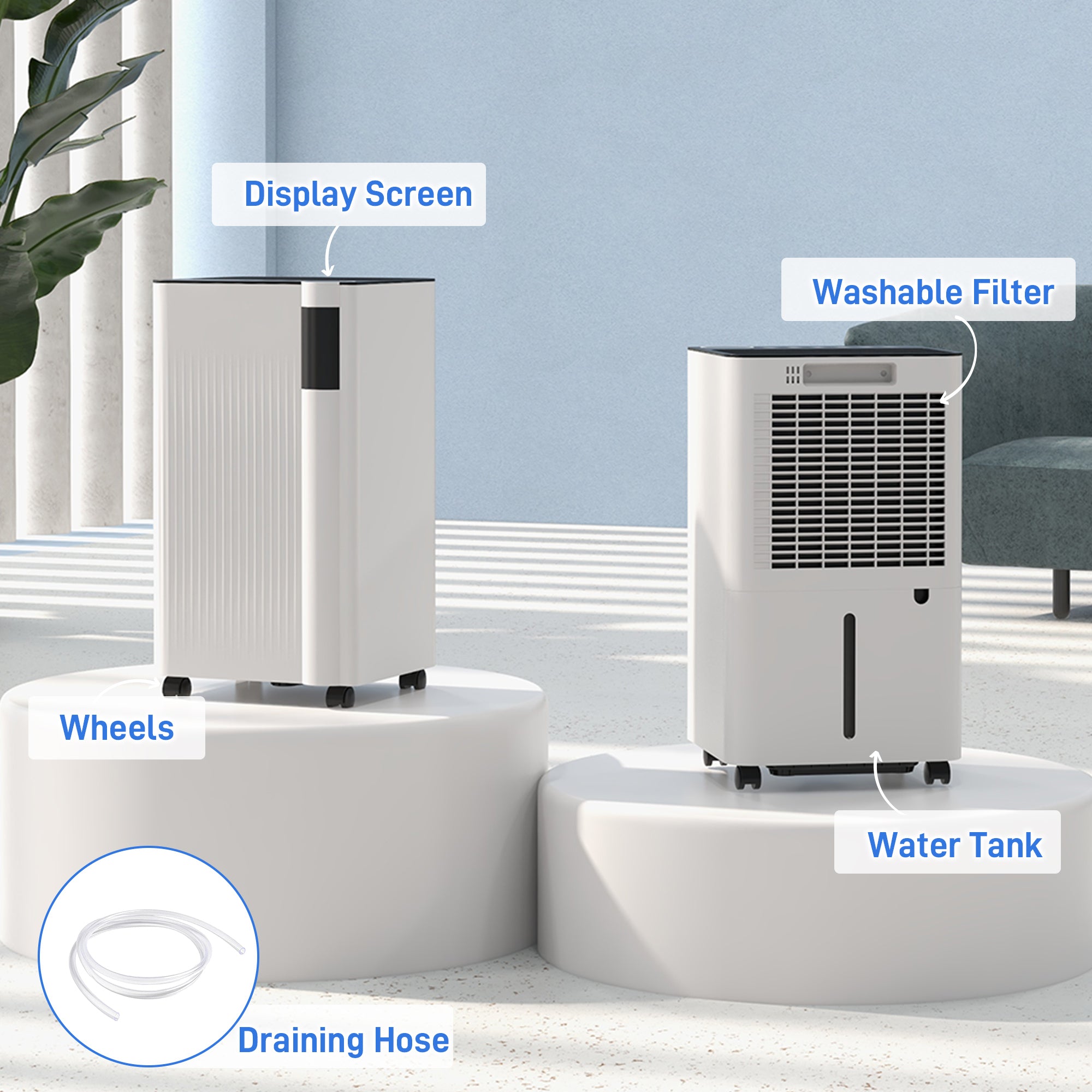 12L/Day Dehumidifier with Continuous Drainage, 2L Water Tank, 24H Timer, Digital Humidity Display, Filter, Auto Defrost, Children Lock, Dehumidifier for Home Damp, Bedroom, Laundry Drying